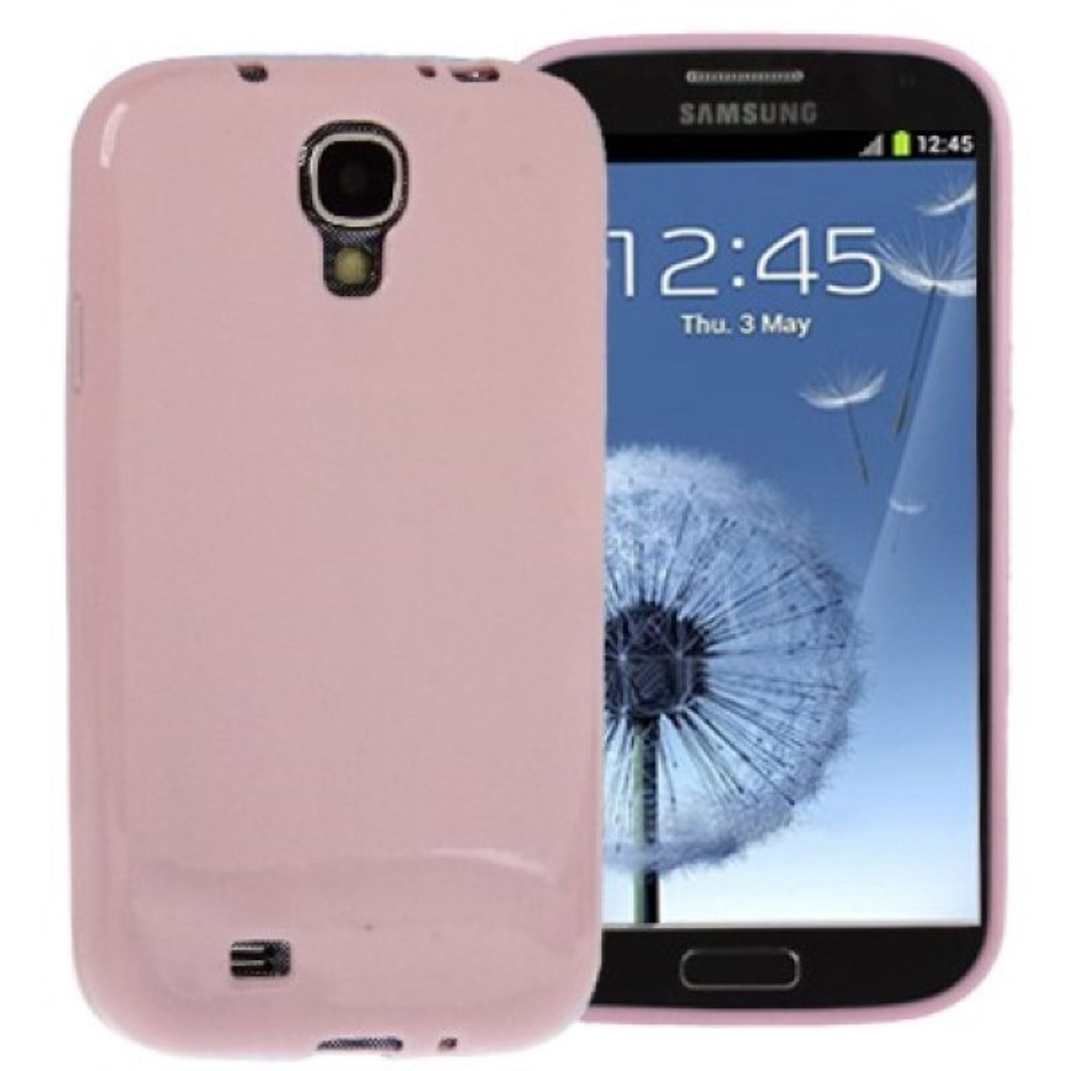 Eine rosa Handyhülle neben einem Samsung-Telefon mit einem Löwenzahn-Hintergrundbild.