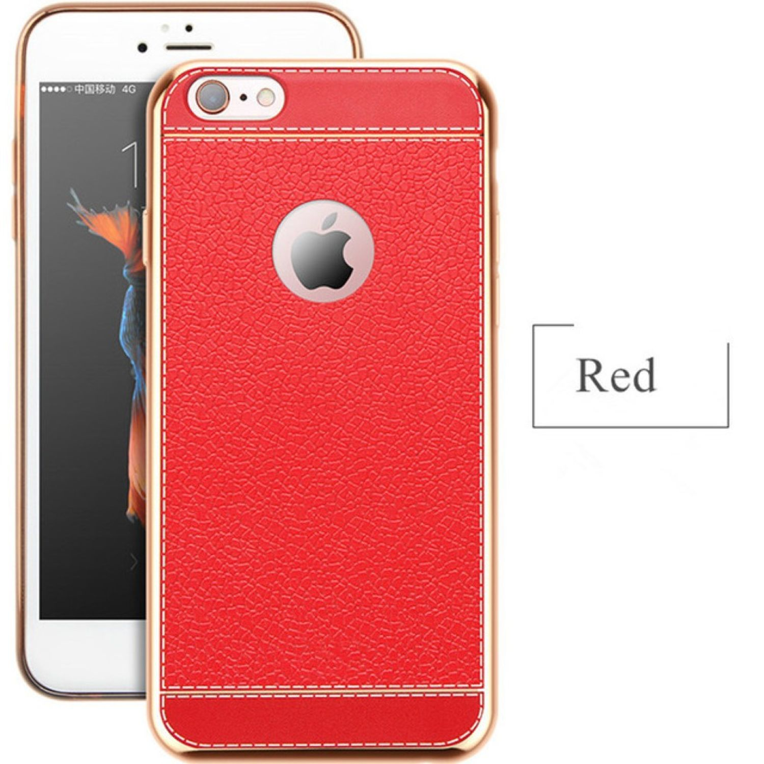 Rote Handyhülle mit goldfarbenem Rand, ein weißes Telefon. Das Wort "Rot" steht rechts.