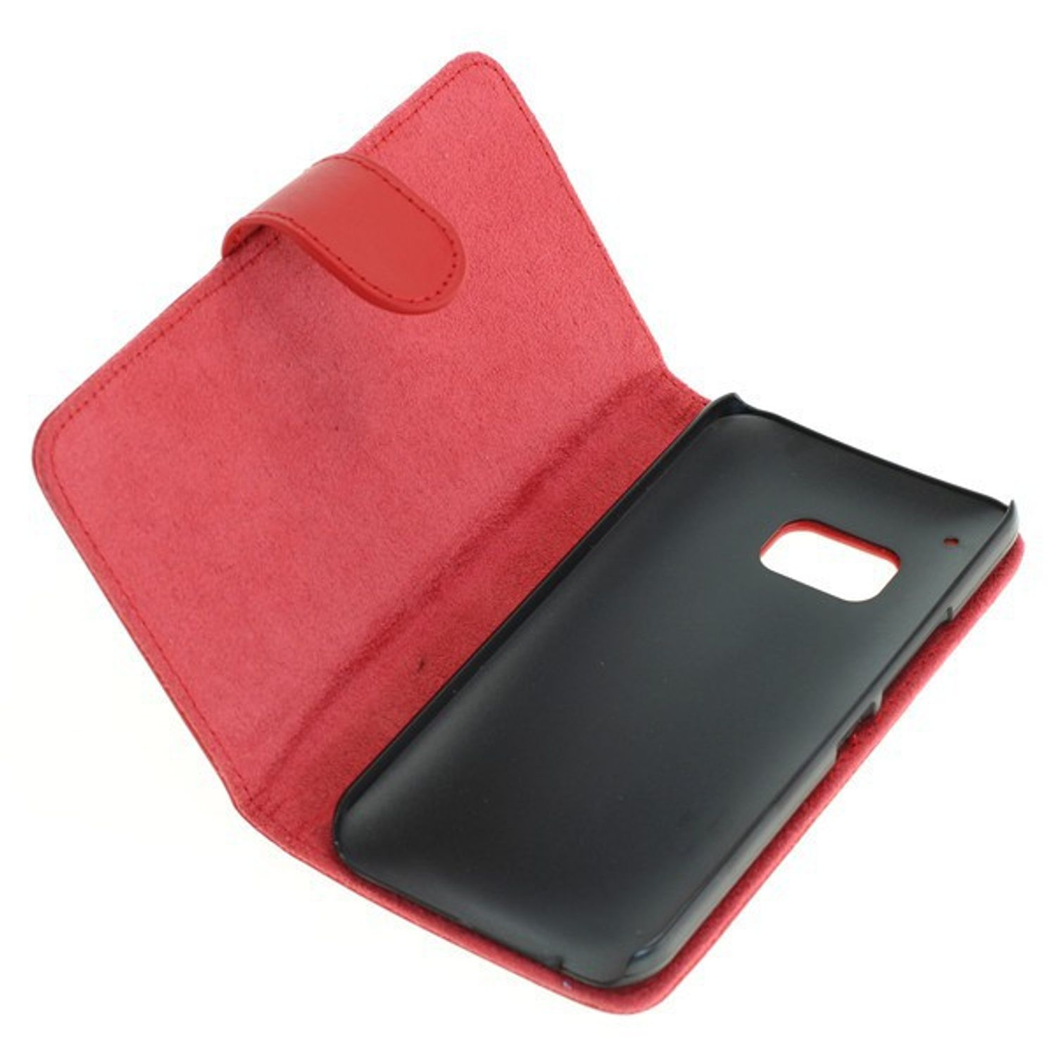 Rotes Telefon-Portemonnaie, geöffnet. Hat ein schwarzes Innenleben und einen Magnetverschluss.