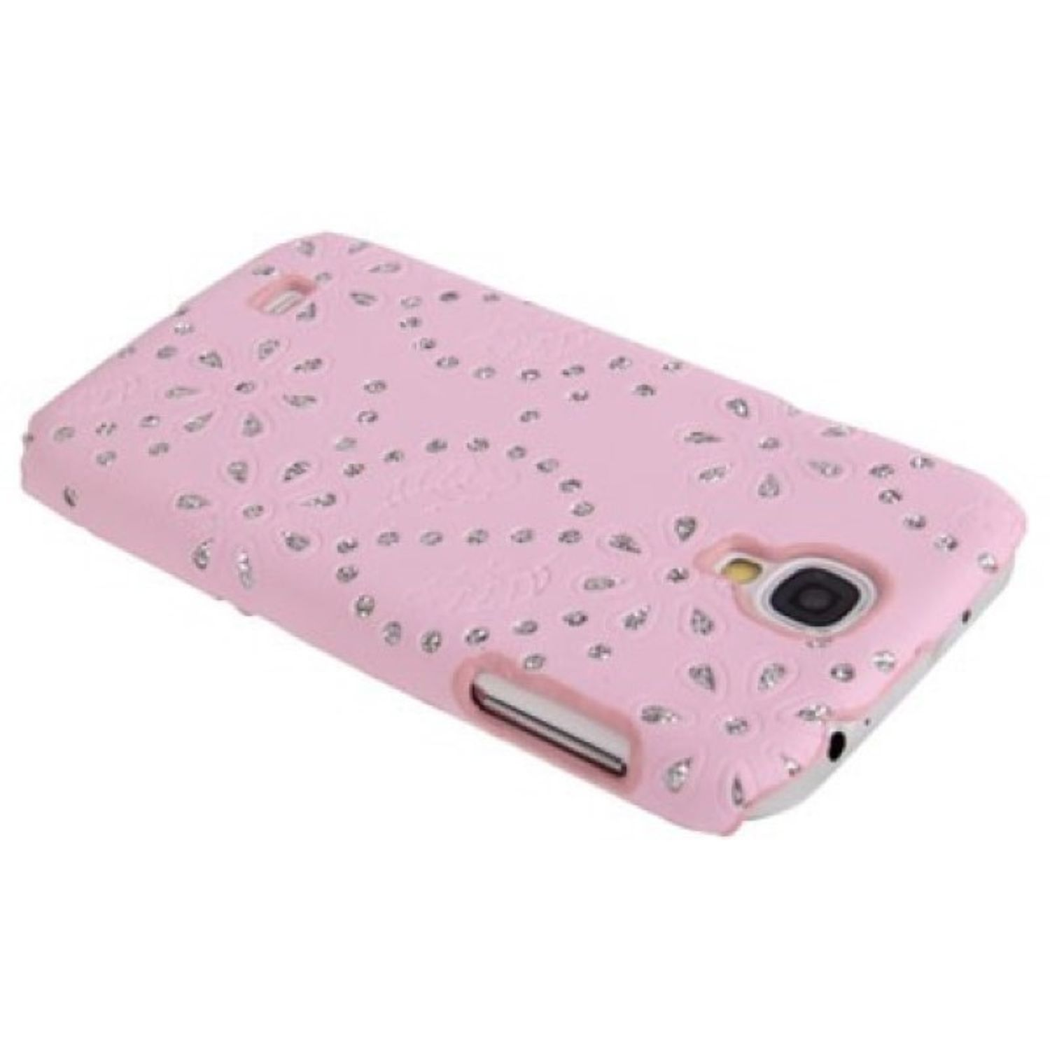 Eine rosa Handyhülle mit floralem Design. Die Hülle ist mit Strasssteinen bedeckt und liegt auf einer weißen Oberfläche.