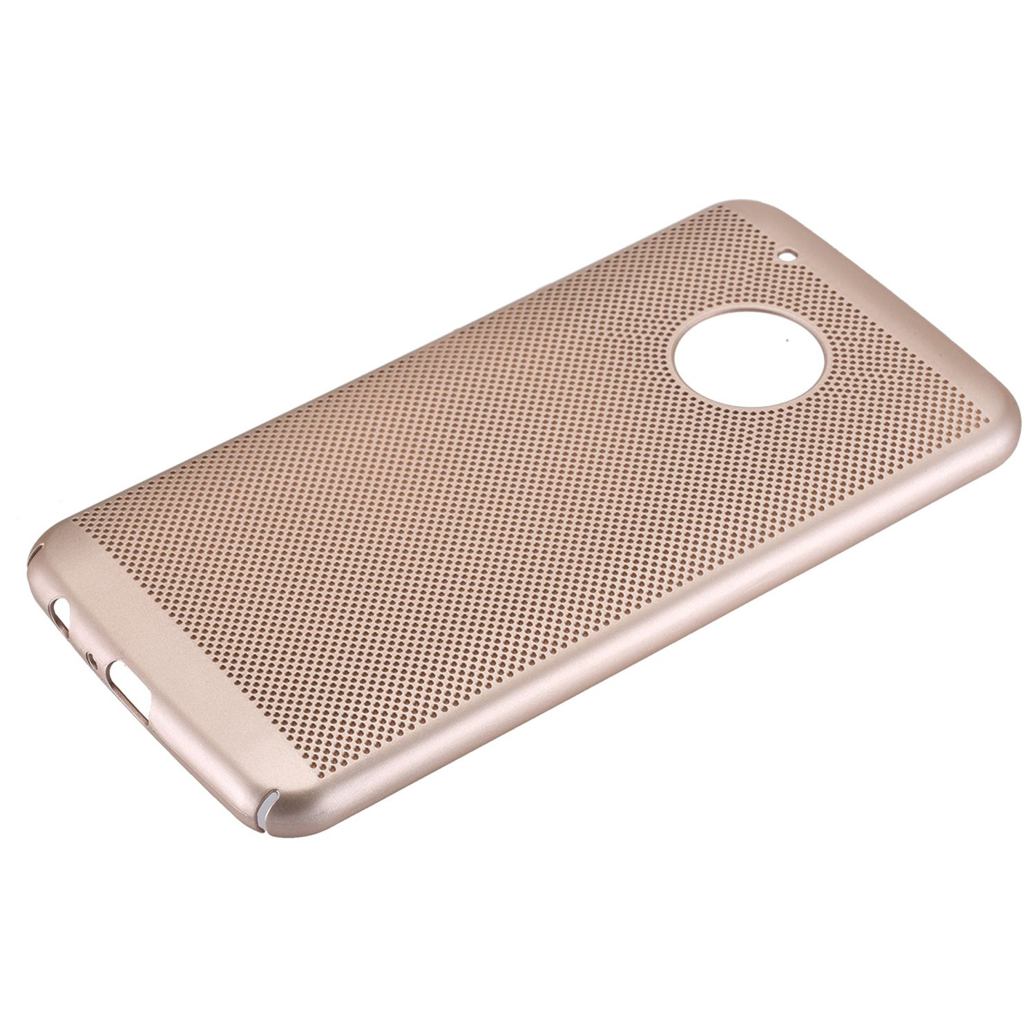 Goldene Handyhülle mit perforiertem Design. Die Hülle befindet sich auf weißem Hintergrund.