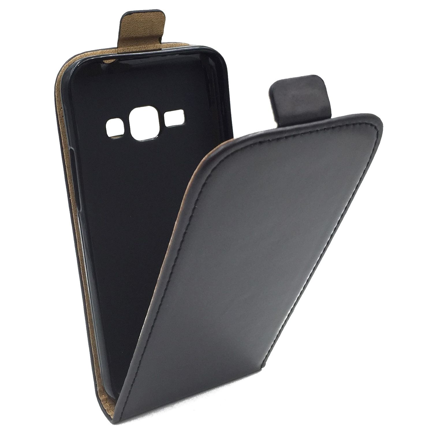 Eine schwarze Handyhülle. Das Telefon ist schwarz. Die Hülle ist offen. Der Hintergrund ist weiß.