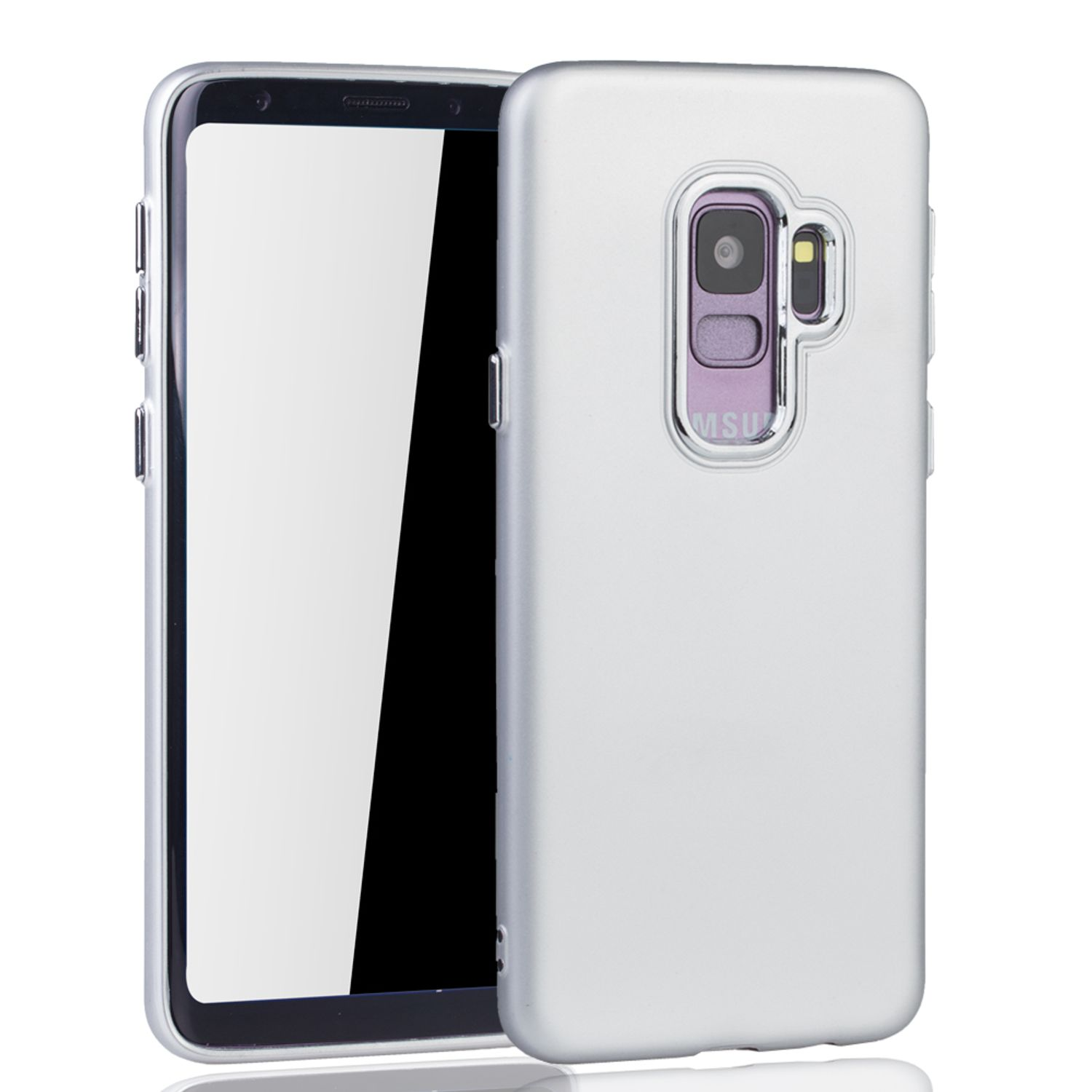 Silbernes Telefon mit zwei Hüllen, eine transparent, eine silberfarben. Beide bedecken das Telefon.