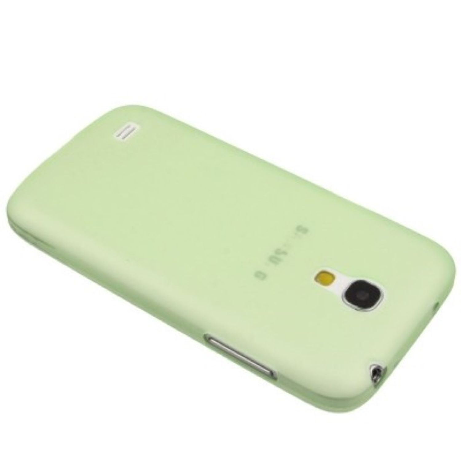Eine hellgrüne Handyhülle mit weißem Samsung-Logo auf weißem Hintergrund.