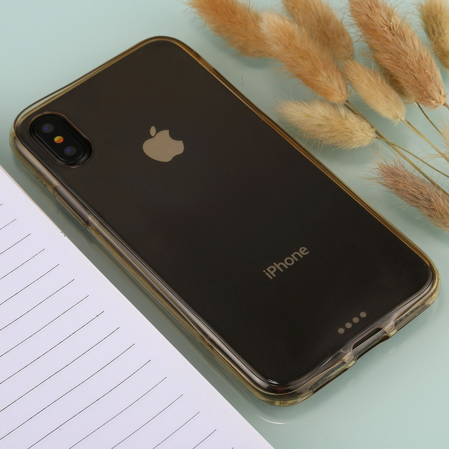 Schwarzes iPhone X mit klarer Hülle. Apple-Logo sichtbar. Hintergrund ist eine hellgrüne Oberfläche.