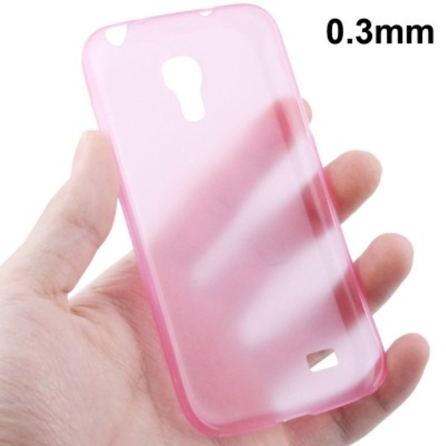 Eine Hand hält eine rosa, transparente Handyhülle. Die Hülle ist 0,3 mm dick.