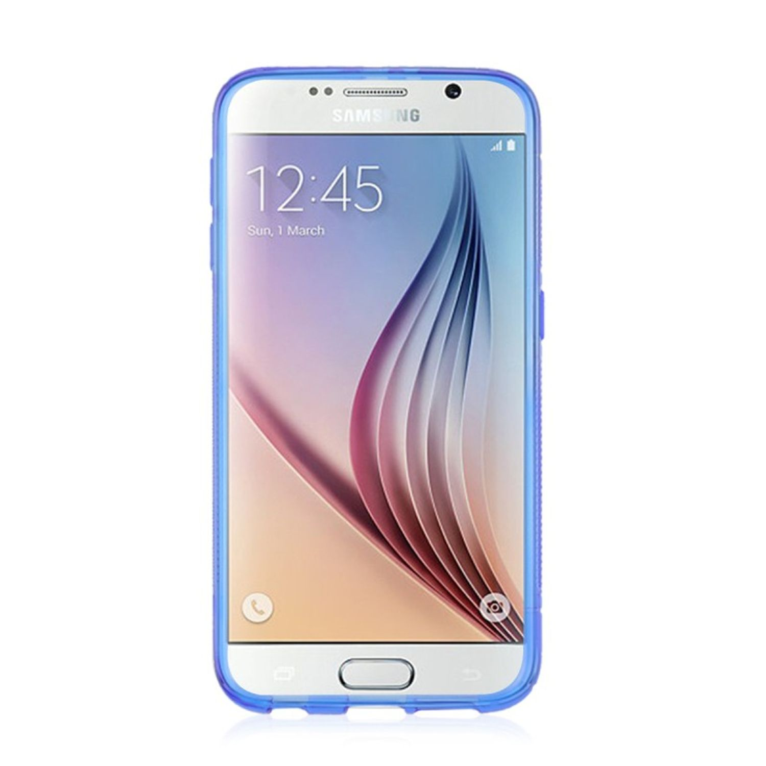 Ein Samsung-Telefon in einer blauen Hülle. Der Bildschirm zeigt 12:45, So, 1. März.