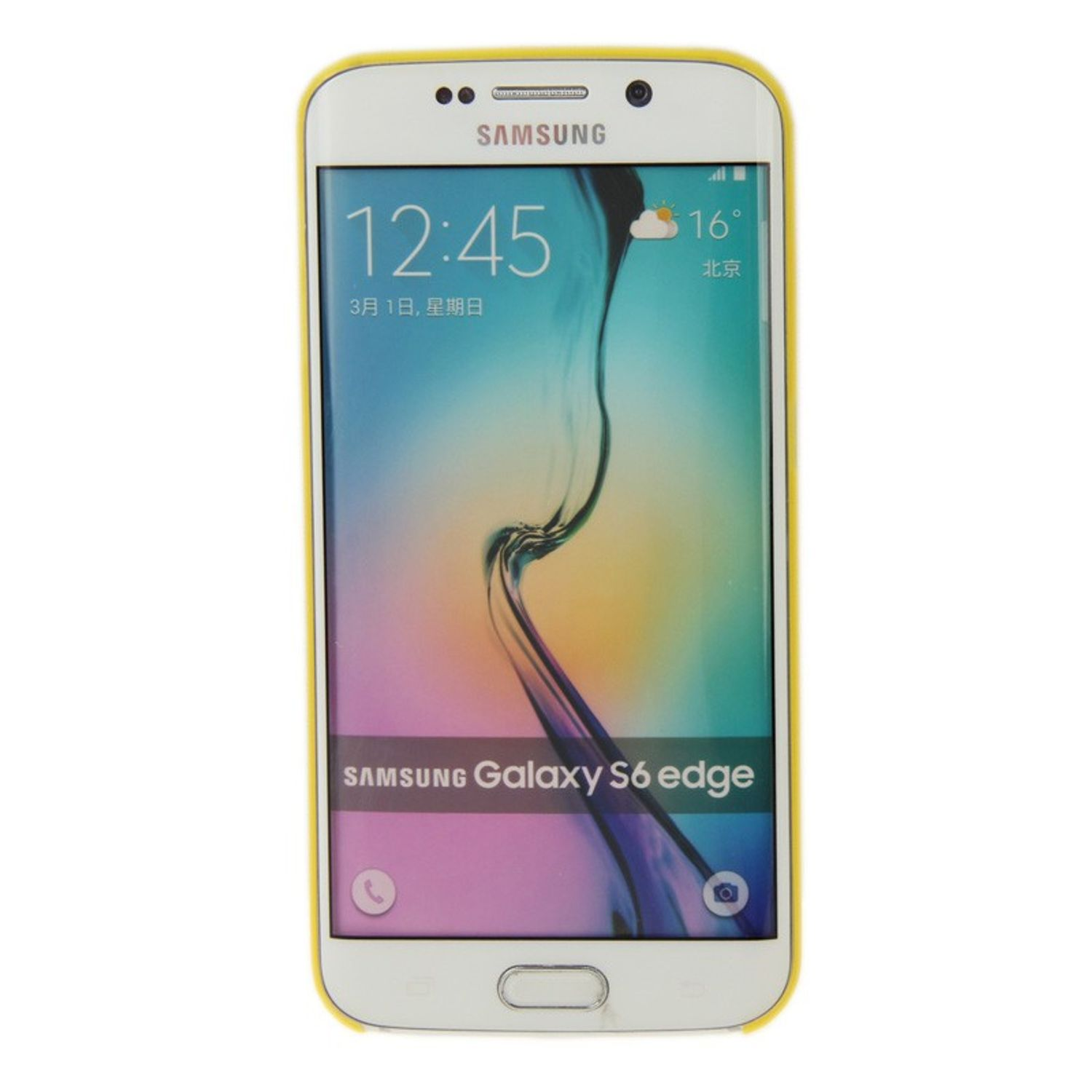 Samsung Galaxy S6 edge Telefon, weiß, in gelbem Case, mit angezeigter Uhrzeit.
