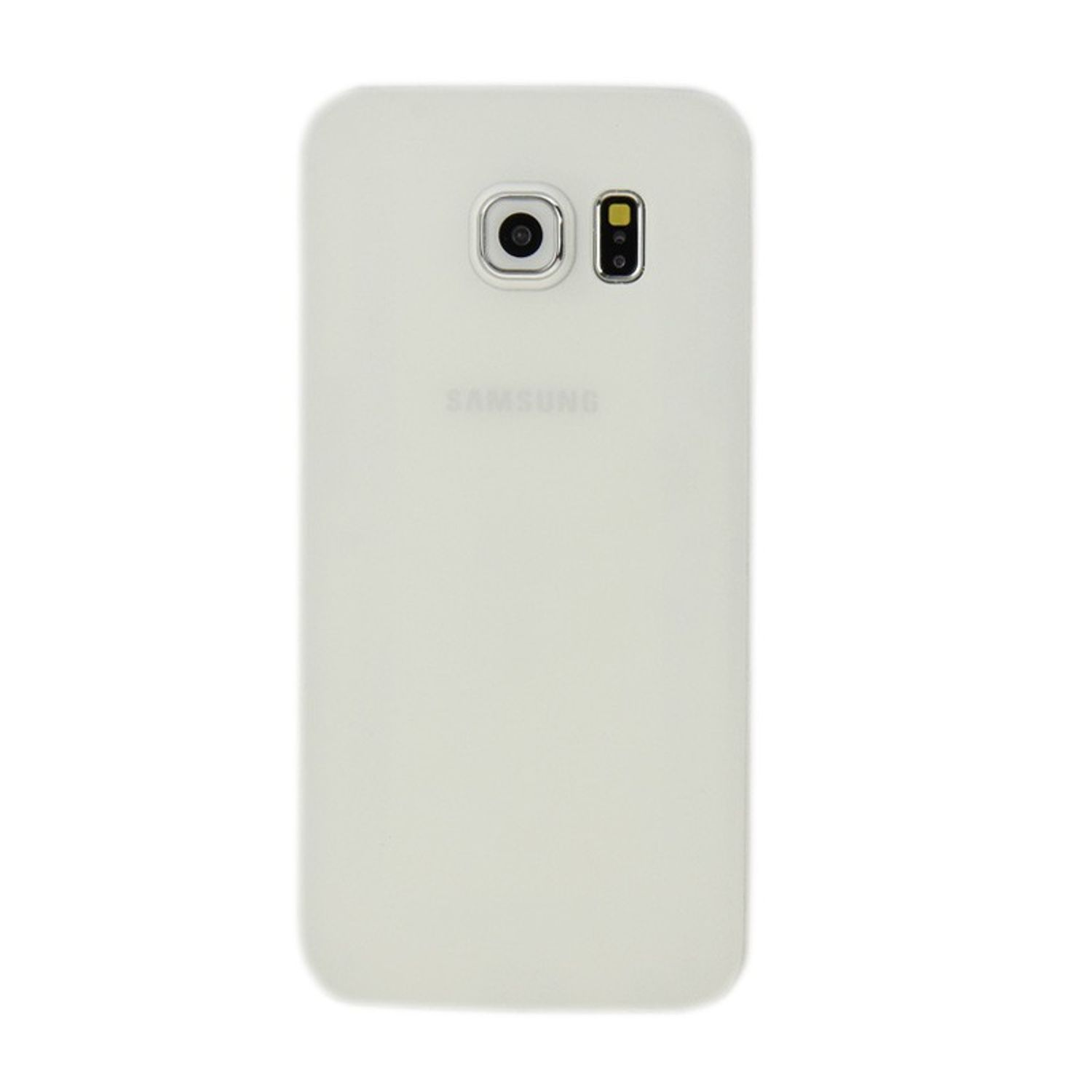 Weißes Samsung-Telefon. Die Rückseite des Telefons mit Kamera und Logo ist sichtbar. Weißer Hintergrund.