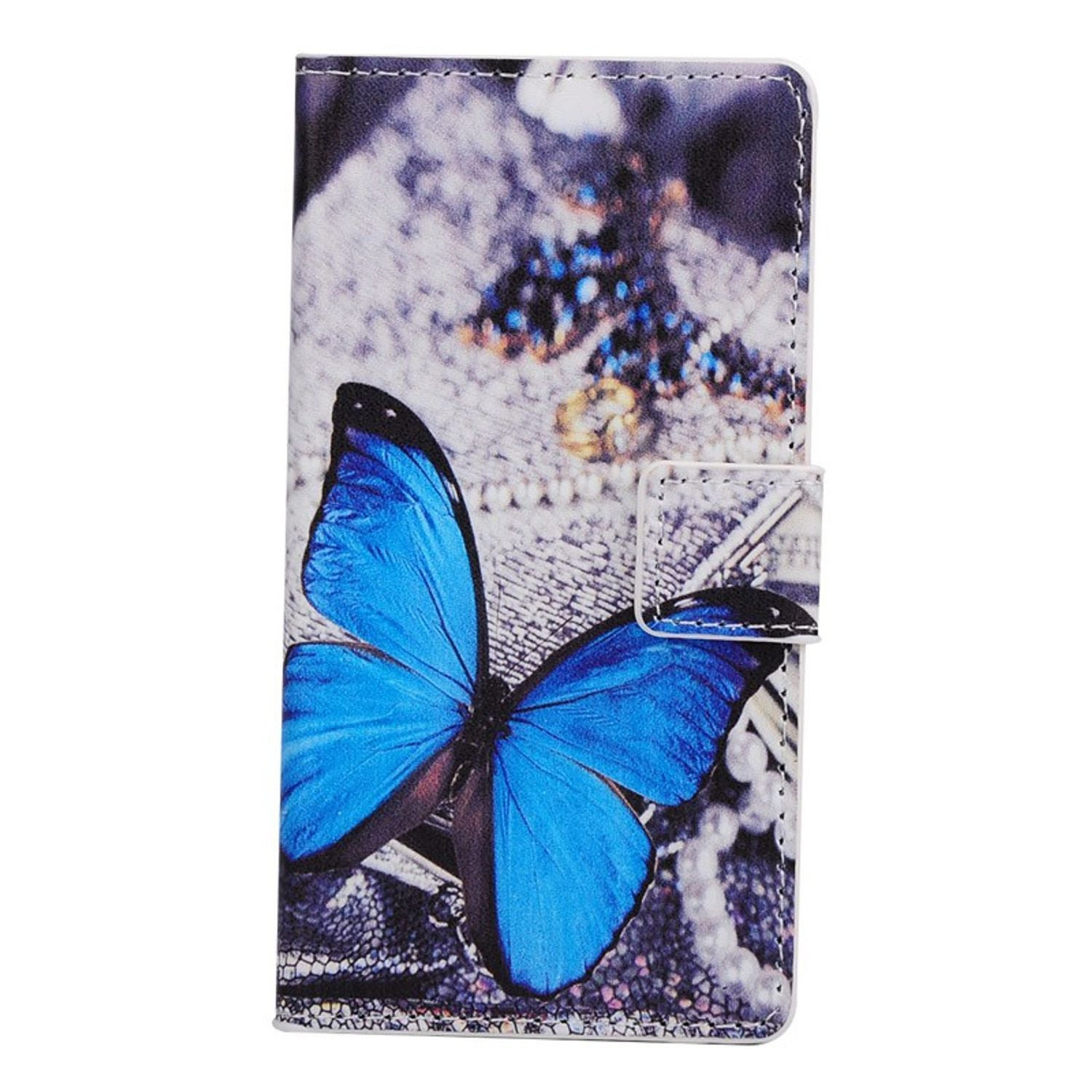 Eine Handyhülle mit einem Schmetterling darauf. Der Hintergrund ist weiß.