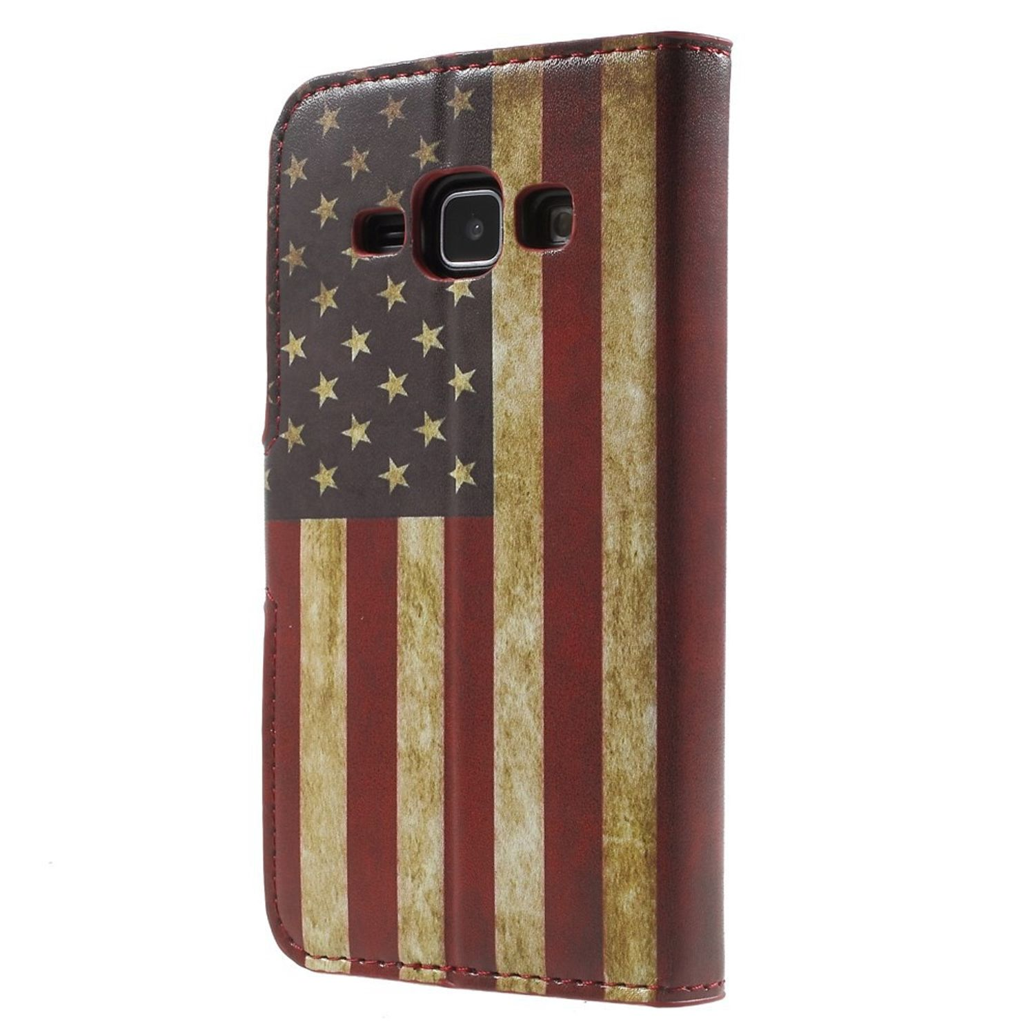 Handyhülle mit amerikanischem Flaggen-Design. Rote und weiße Streifen mit Sternen. Kamera und Knöpfe sichtbar.
