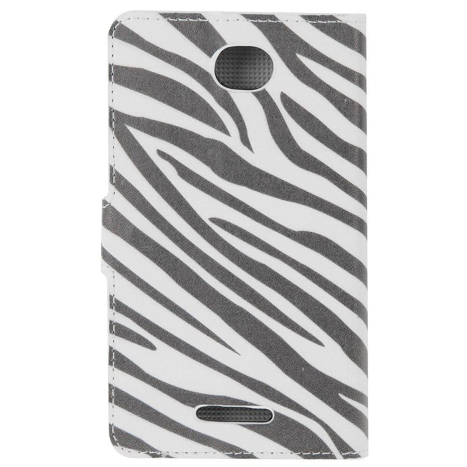 Weiße Handyhülle mit Zebradesign. Die Hülle hat einen Ausschnitt für eine Kamera und einen Lautsprecher.