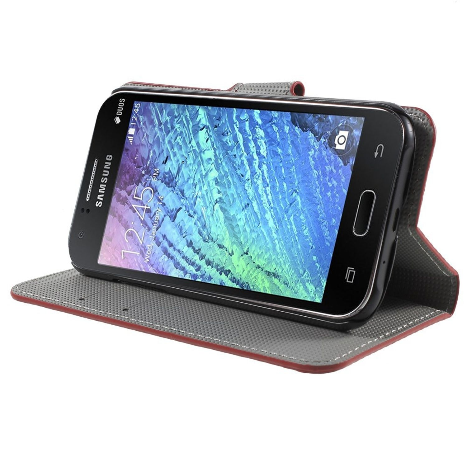 Schwarzes Telefon in einer grauen und roten Leder-Brieftasche, geöffnet.