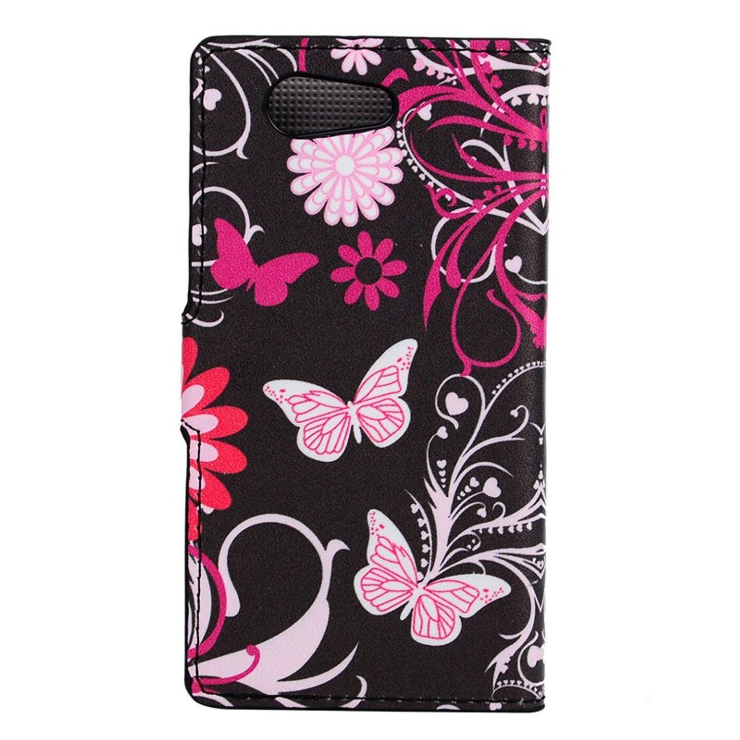 Schwarze Handyhülle mit rosa Blumen- und Schmetterlingsdesign.