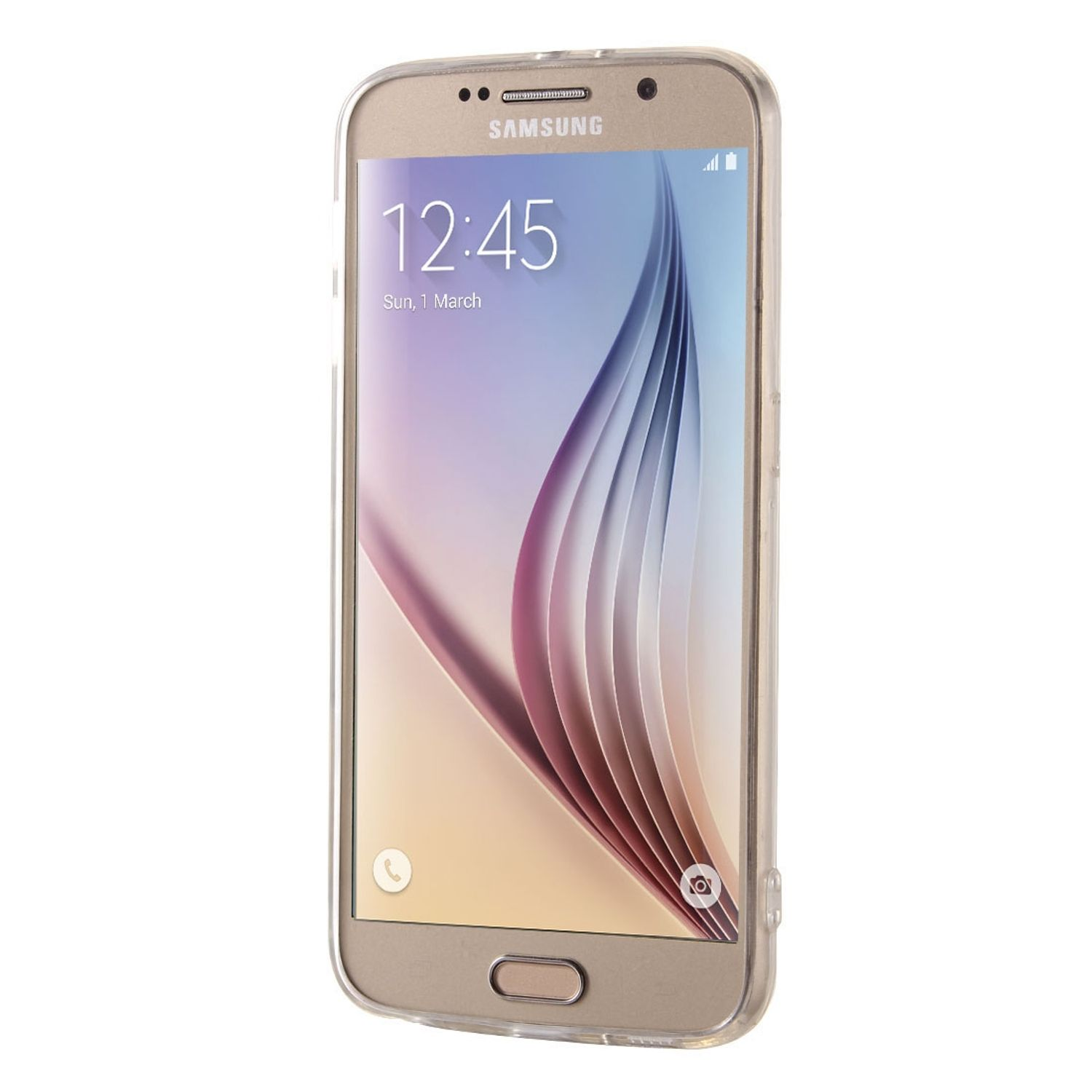 Telefon in einer transparenten Hülle. Das Telefon hat eine goldene Rückseite und zeigt die Uhrzeit.