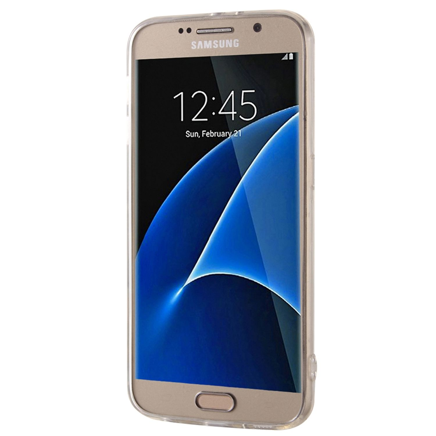 Goldenes Samsung-Telefon in durchsichtiger Hülle. Anzeige zeigt 12:45 und das Datum. Weißer Hintergrund.