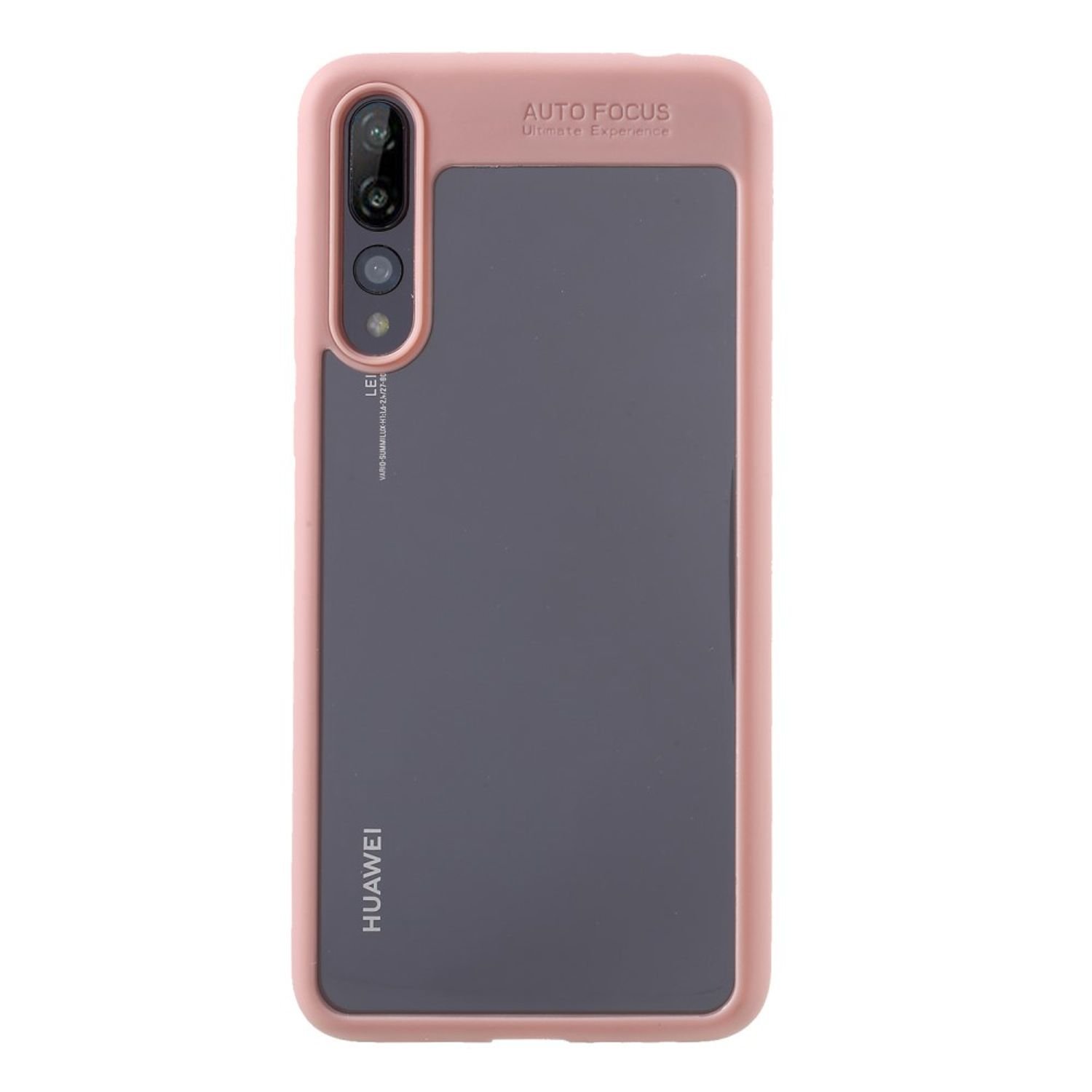 Rosa Handyhülle mit schwarzer und grauer Rückseite. 'AUTO FOCUS' und 'HUAWEI' sind darauf geschrieben. Weißer Hintergrund.