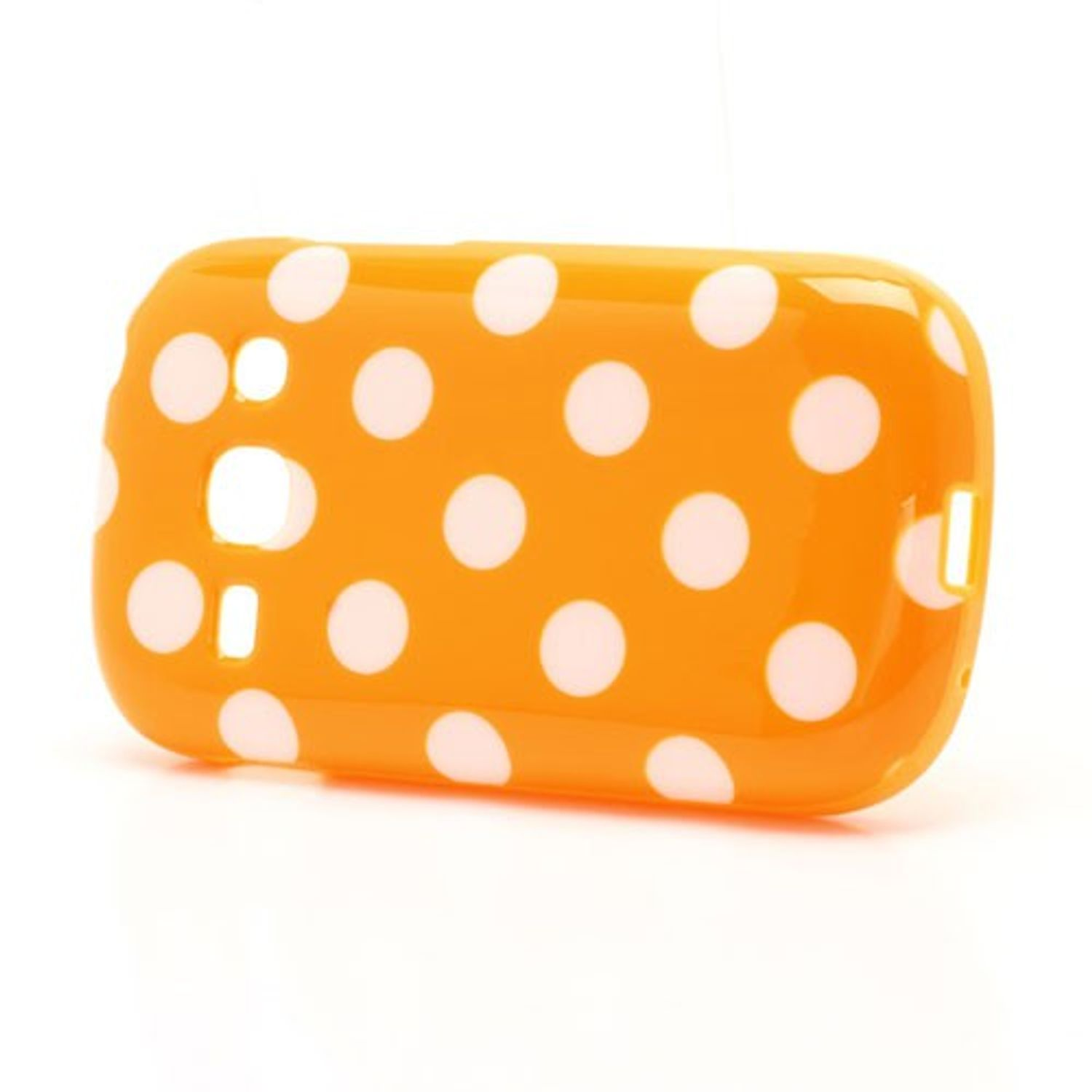 Orange Handyhülle mit weißen Punkten. Weißer Hintergrund.