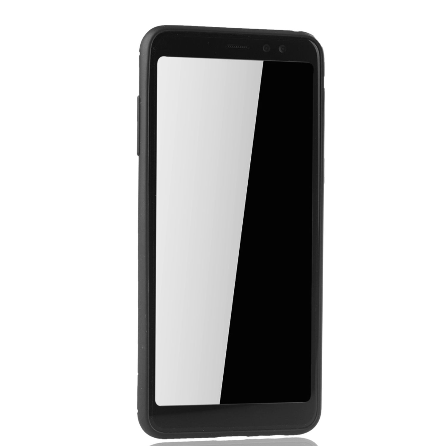 Ein schwarzes Telefon mit einer schwarzen Hülle. Der Hintergrund ist weiß.