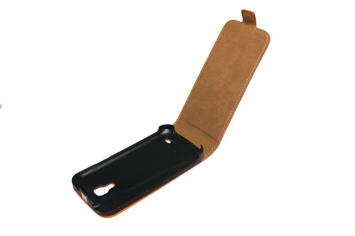 Geöffnete braun-schwarze Handyhülle. Die Handyhülle ist leer und die Innenseite ist schwarz.