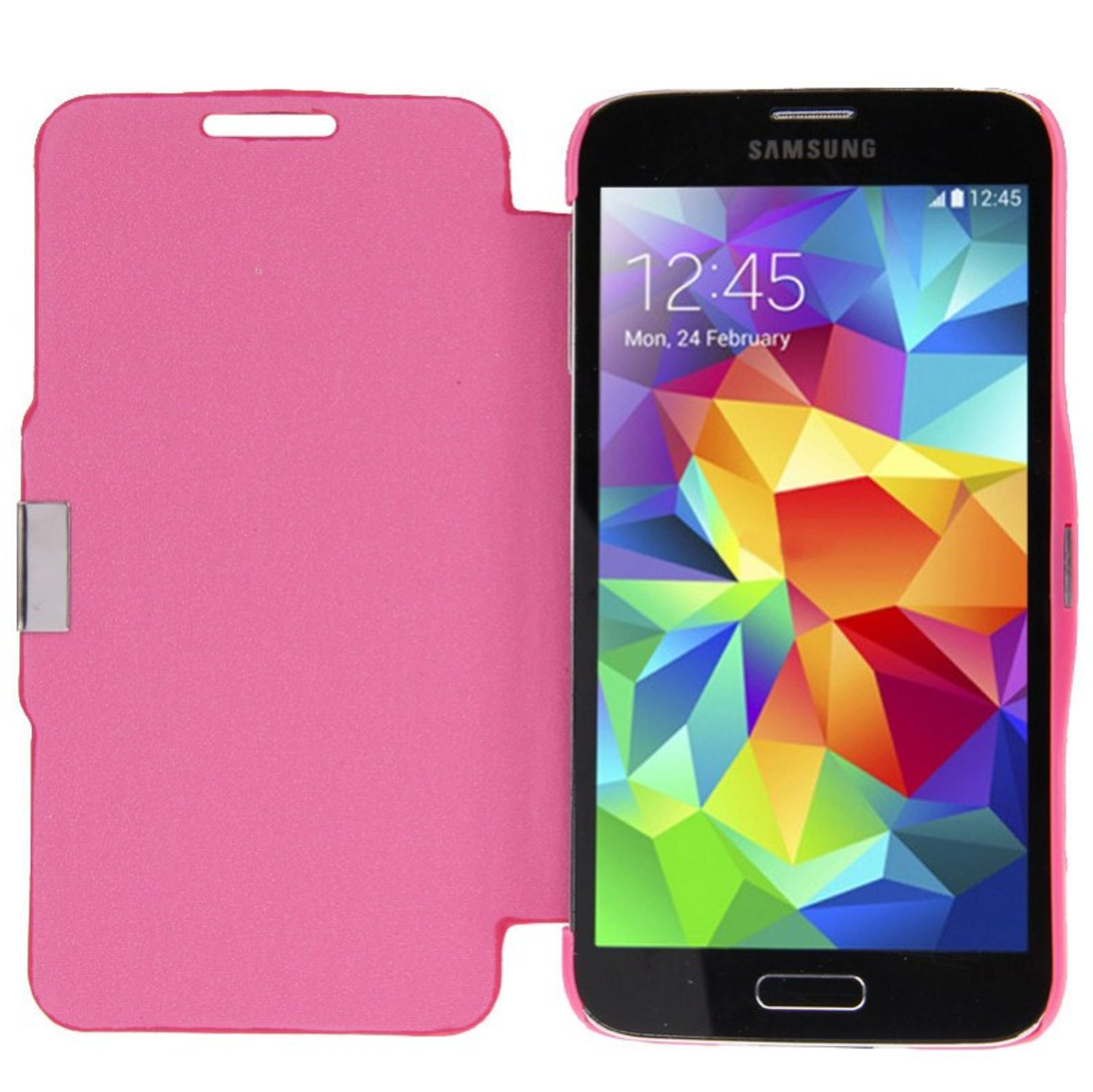 Eine pinke Handyhülle mit einem schwarzen Samsung-Telefon. Das Telefon zeigt die Uhrzeit.