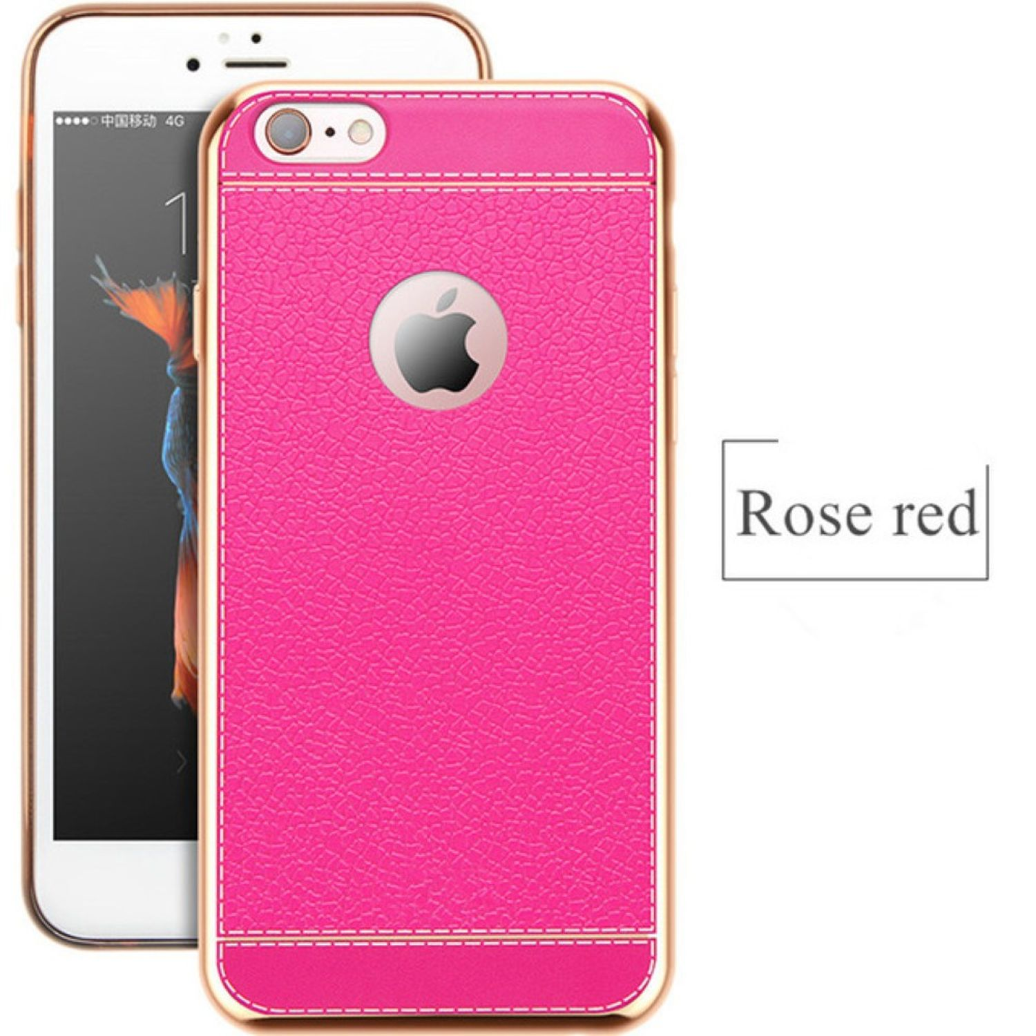 Rosenrote Handyhülle mit goldenen Rändern und einem Telefon.