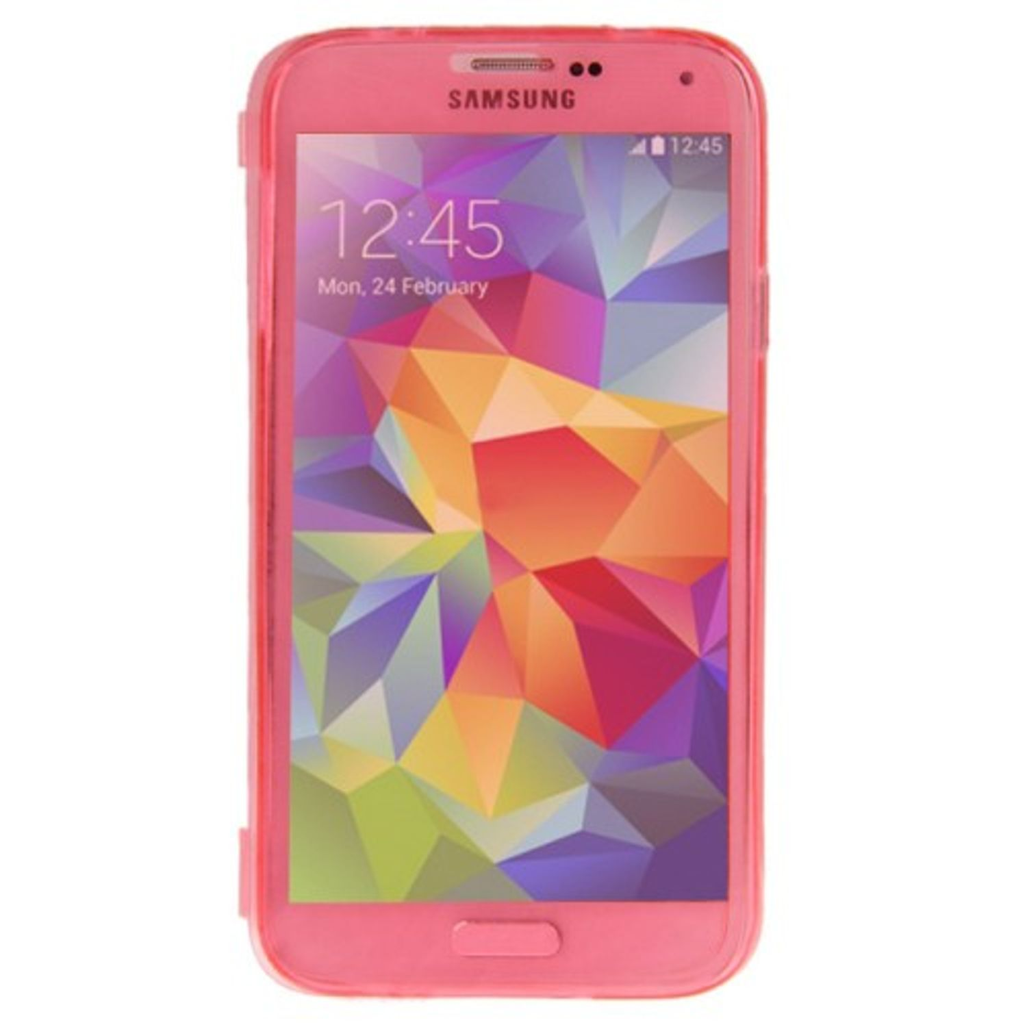Rosa Telefon mit rosa Hülle. Der Bildschirm zeigt ein farbenfrohes Design.