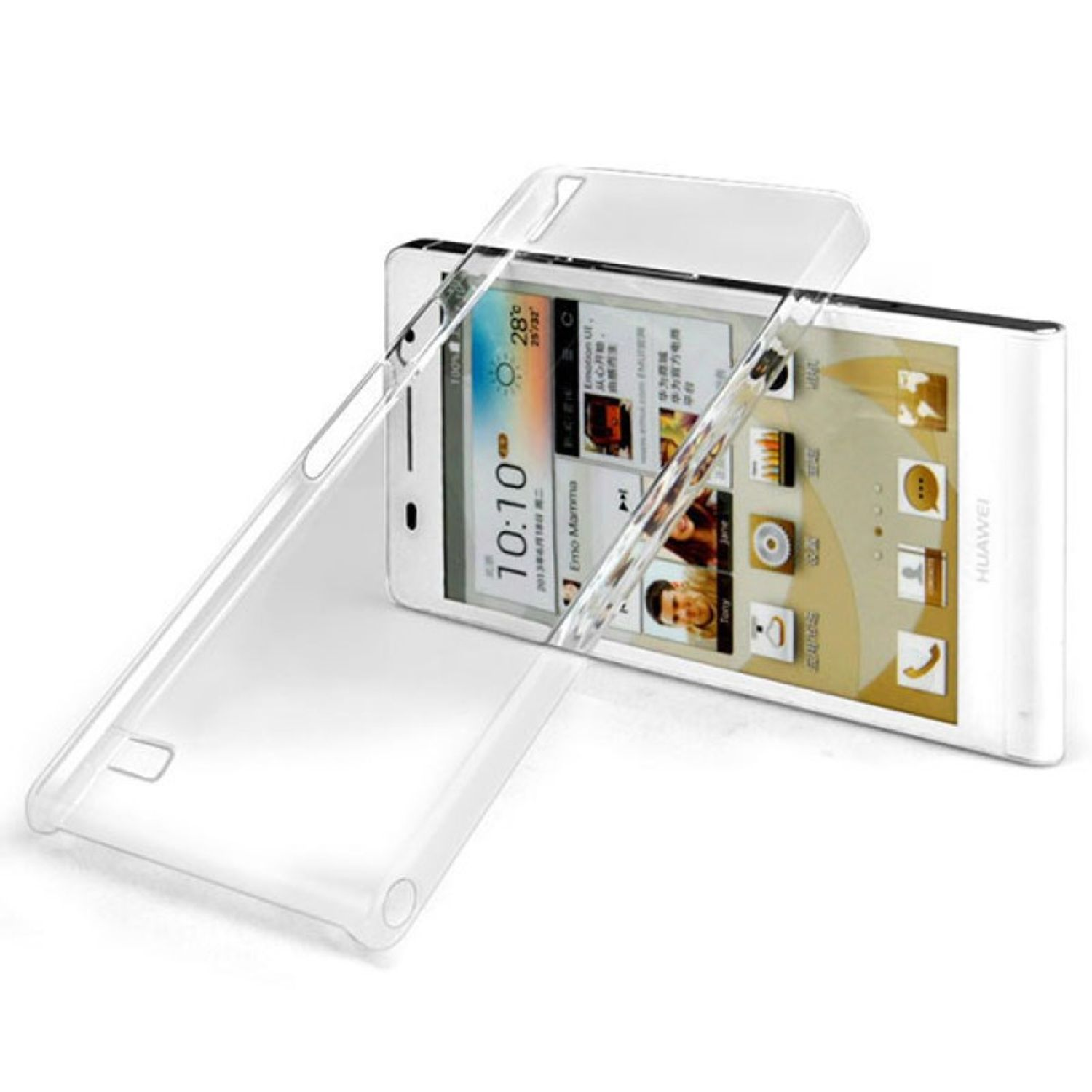 Eine transparente Handyhülle schützt ein weißes Telefon. Das Telefon zeigt Zeit und Inhalt an. Der Hintergrund ist weiß.