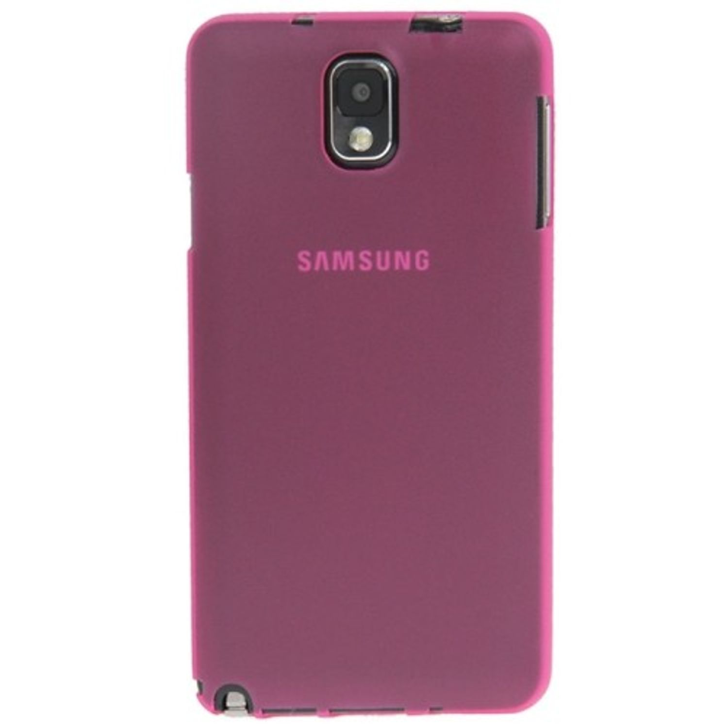 Eine dunkelrosa Handyhülle. Sie hat das Wort SAMSUNG aufgedruckt. Sie hat einen Kameraausschnitt.