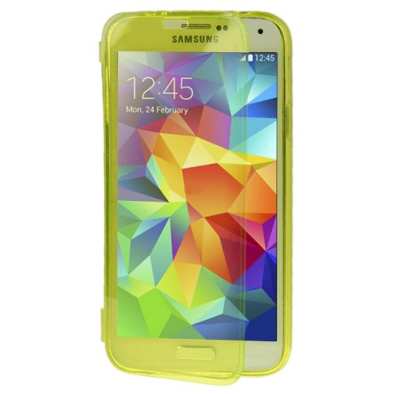 Samsung-Handy in grünem Gehäuse. Der Bildschirm zeigt die Uhrzeit an. Der Hintergrund ist weiß.