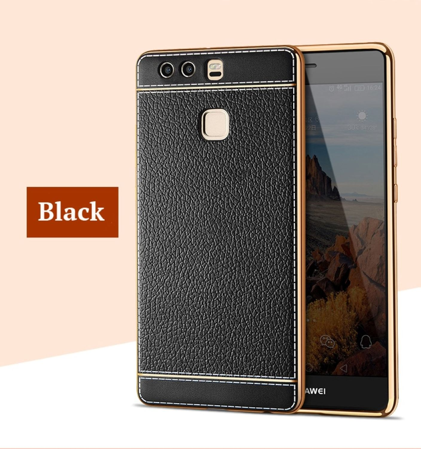 Schwarze Leder-Handyhülle mit goldfarbenen Zierleisten. Ein schwarzes Telefon befindet sich in der Hülle.