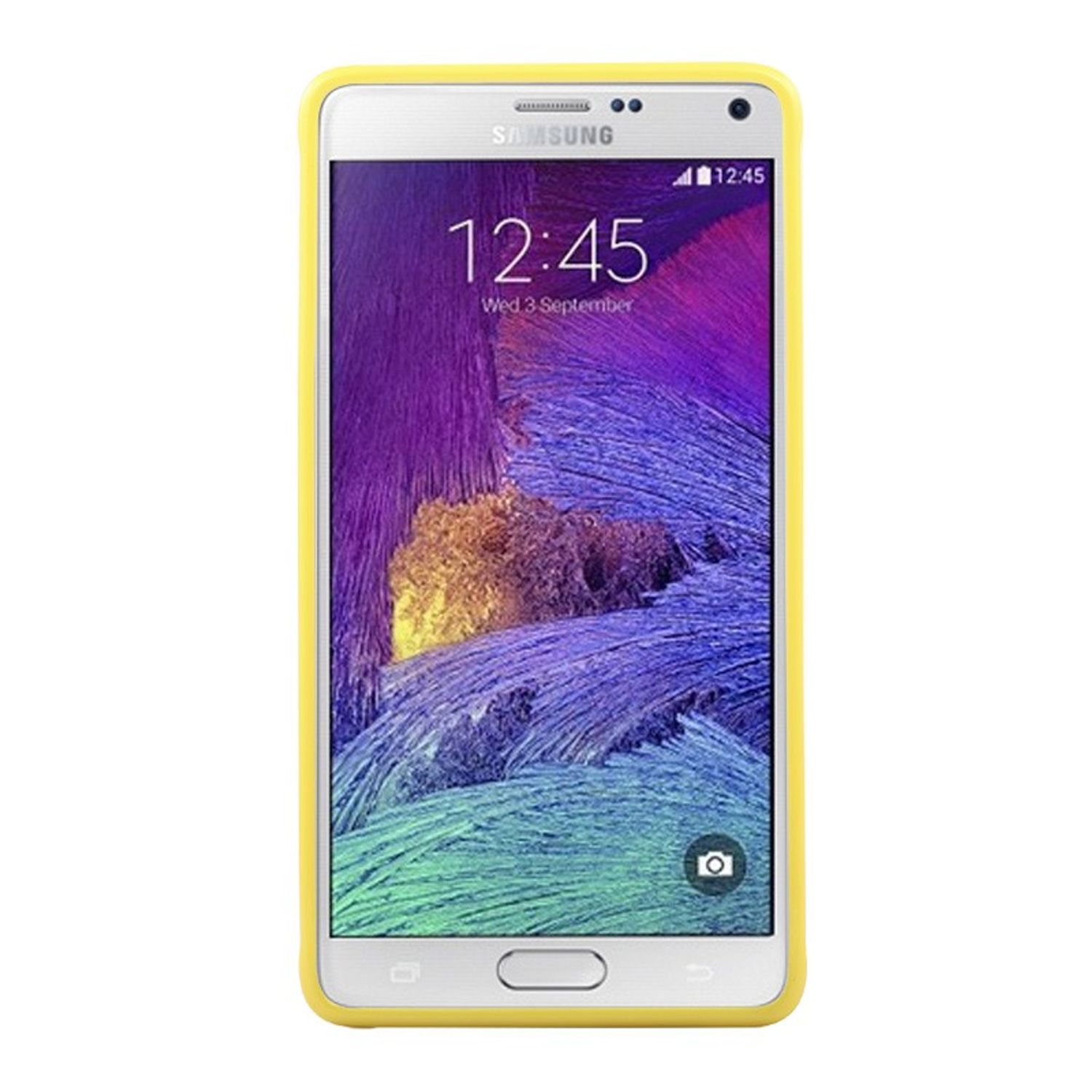 Smartphone mit gelbem Gehäuse, weißem Bildschirm, der Zeit anzeigt, weißer Hintergrund.