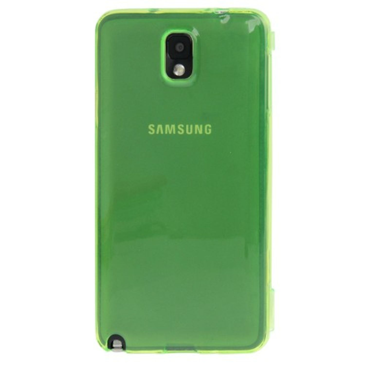 Grüne transparente Handyhülle mit SAMSUNG-Logo. Die Hülle ist auf weißem Hintergrund.