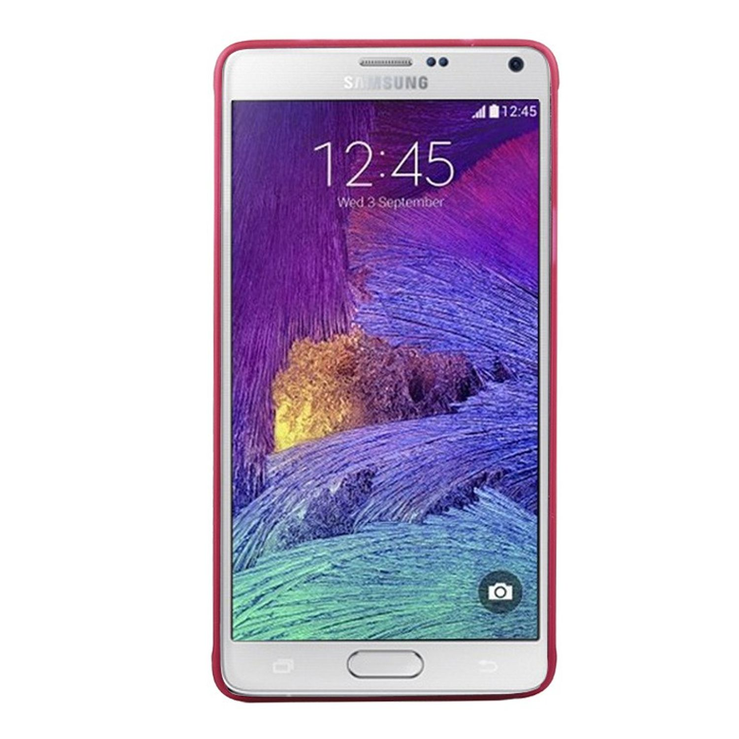 Ein weißes Samsung-Telefon mit roter Hülle. Der Bildschirm zeigt Datum und Uhrzeit.