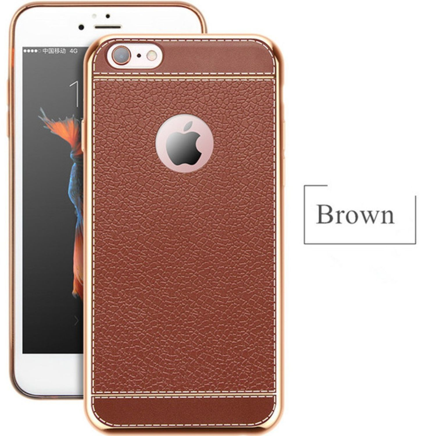 Braune Handyhülle mit goldfarbenem Rand. Ein iPhone im Hintergrund, und das Wort 'Braun' ist geschrieben.
