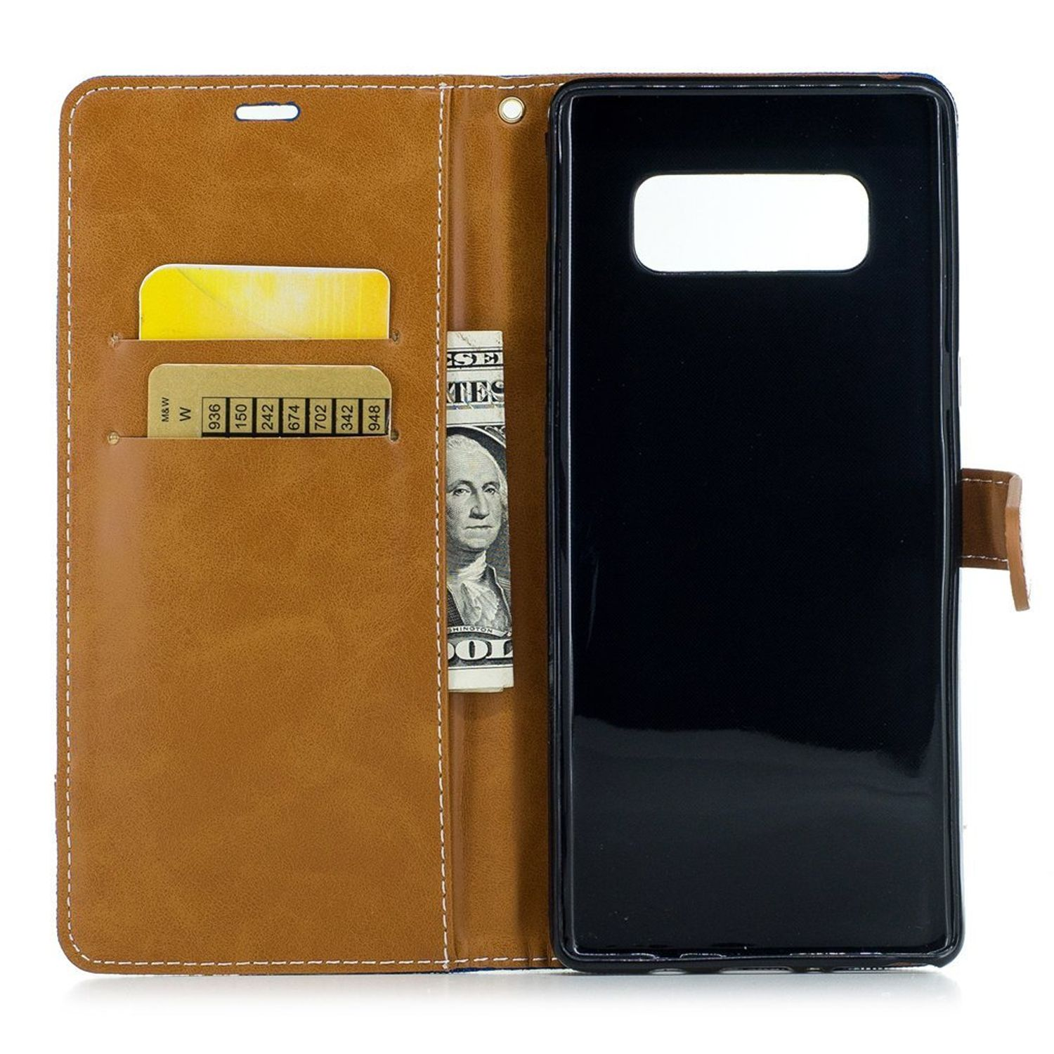 Braune Handyhülle offen, mit einem Telefon. Kreditkarten und Dollarnote sind drin.