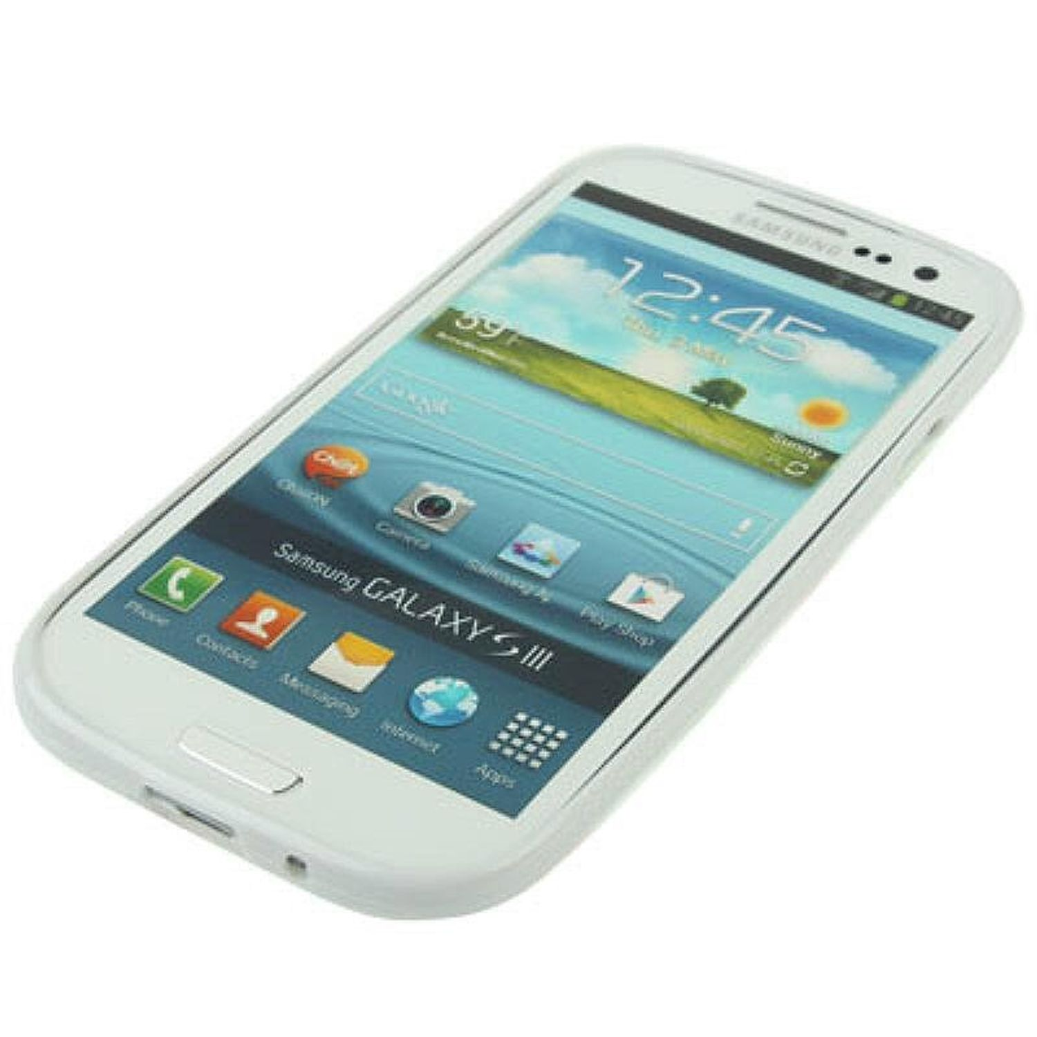 Weißes Samsung Galaxy SIII Smartphone. Der Bildschirm zeigt Uhrzeit, Symbole und eine Landschaft.