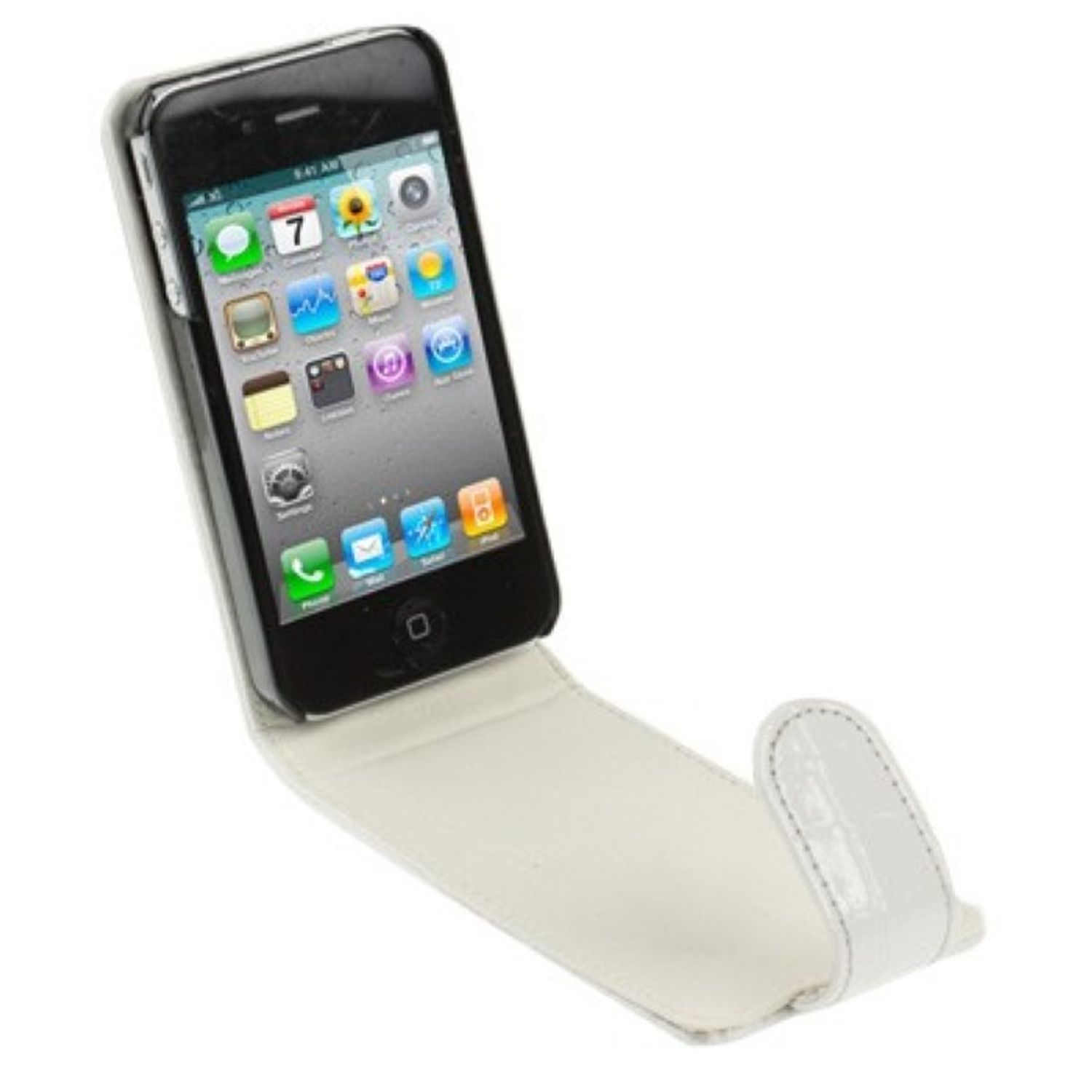 Geöffnete weiße Handyhülle. Das Telefon darin ist weiß und eingeschaltet.