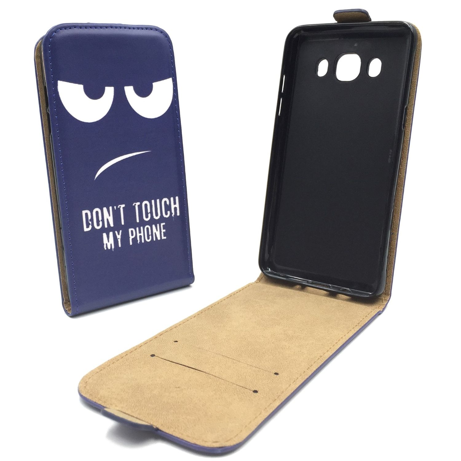 Eine blaue Handyhülle mit einem Gesicht und der Aufschrift "DON'T TOUCH MY PHONE."