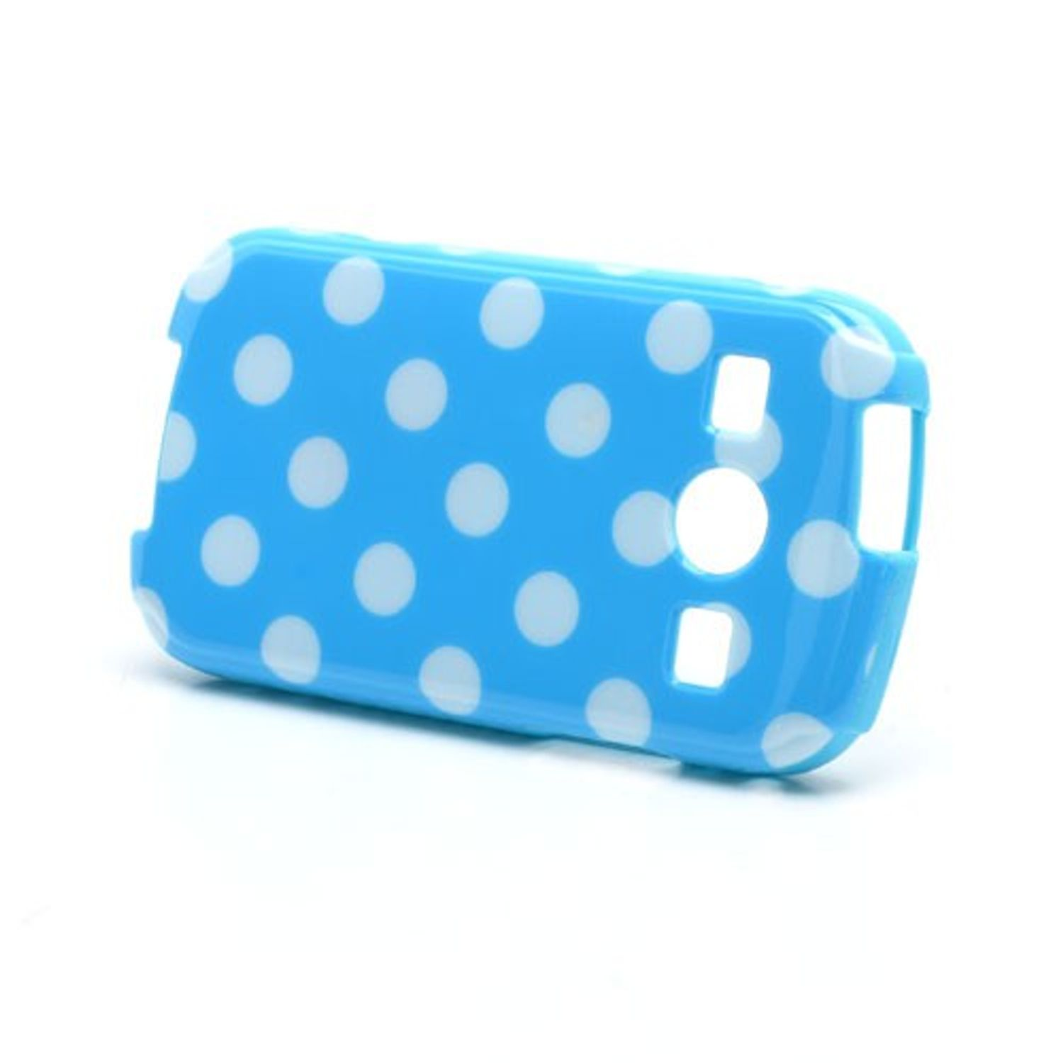 Blaue Handyhülle mit weißen Polka Dots, glänzend, auf weißem Hintergrund.