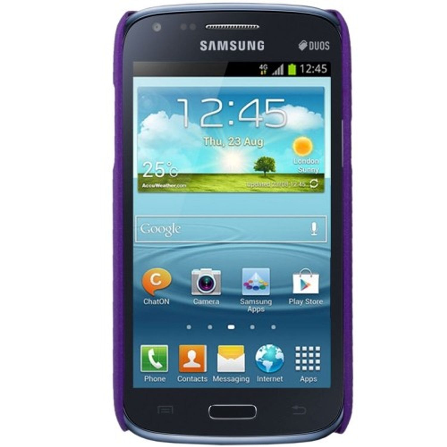 Ein Samsung-Handy mit lila Hülle zeigt einen Startbildschirm mit Datum, Uhrzeit und App-Symbolen.