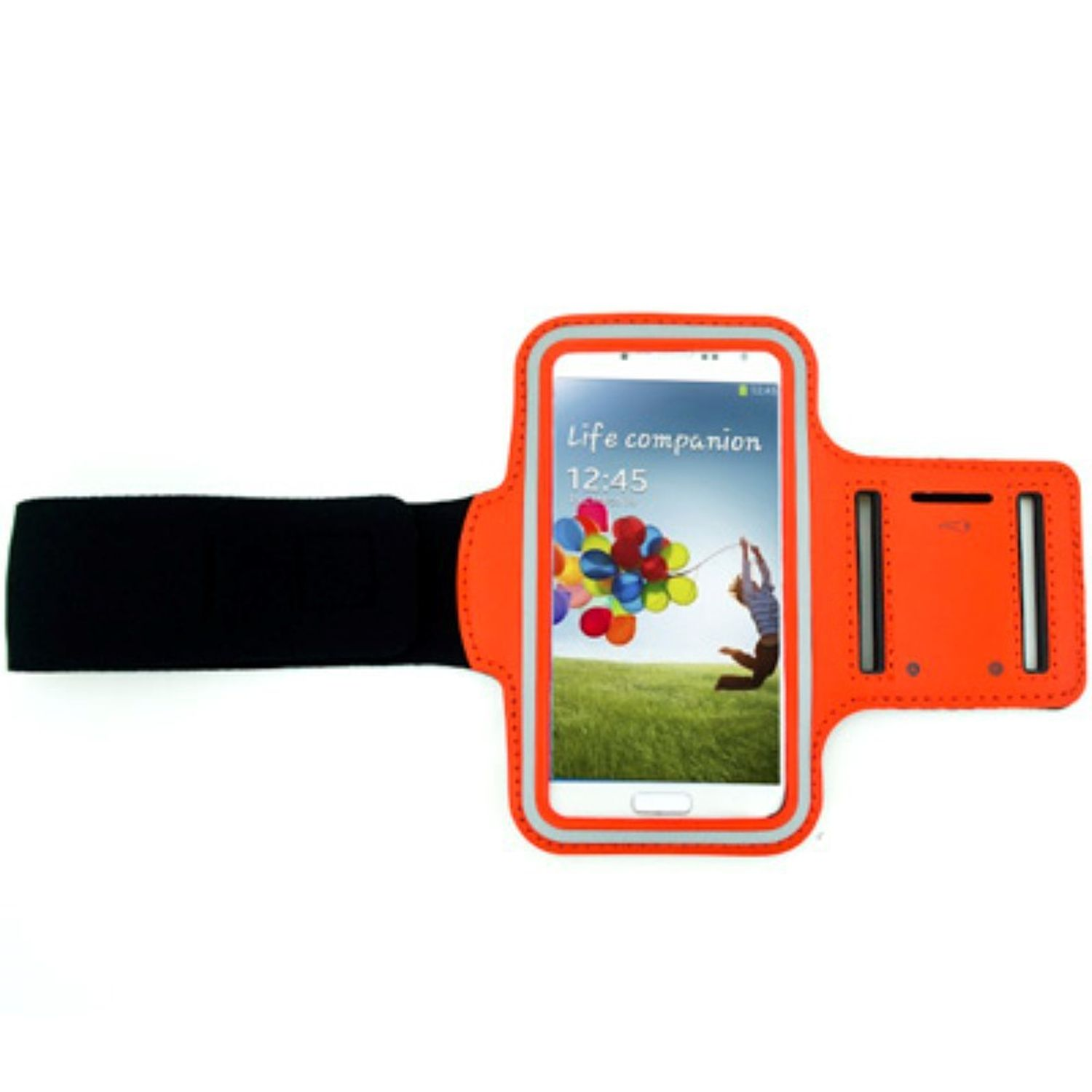 Orangene Telefon-Armbinde mit Telefon, das ein farbenfrohes Ballonbild anzeigt. Weißer Hintergrund.