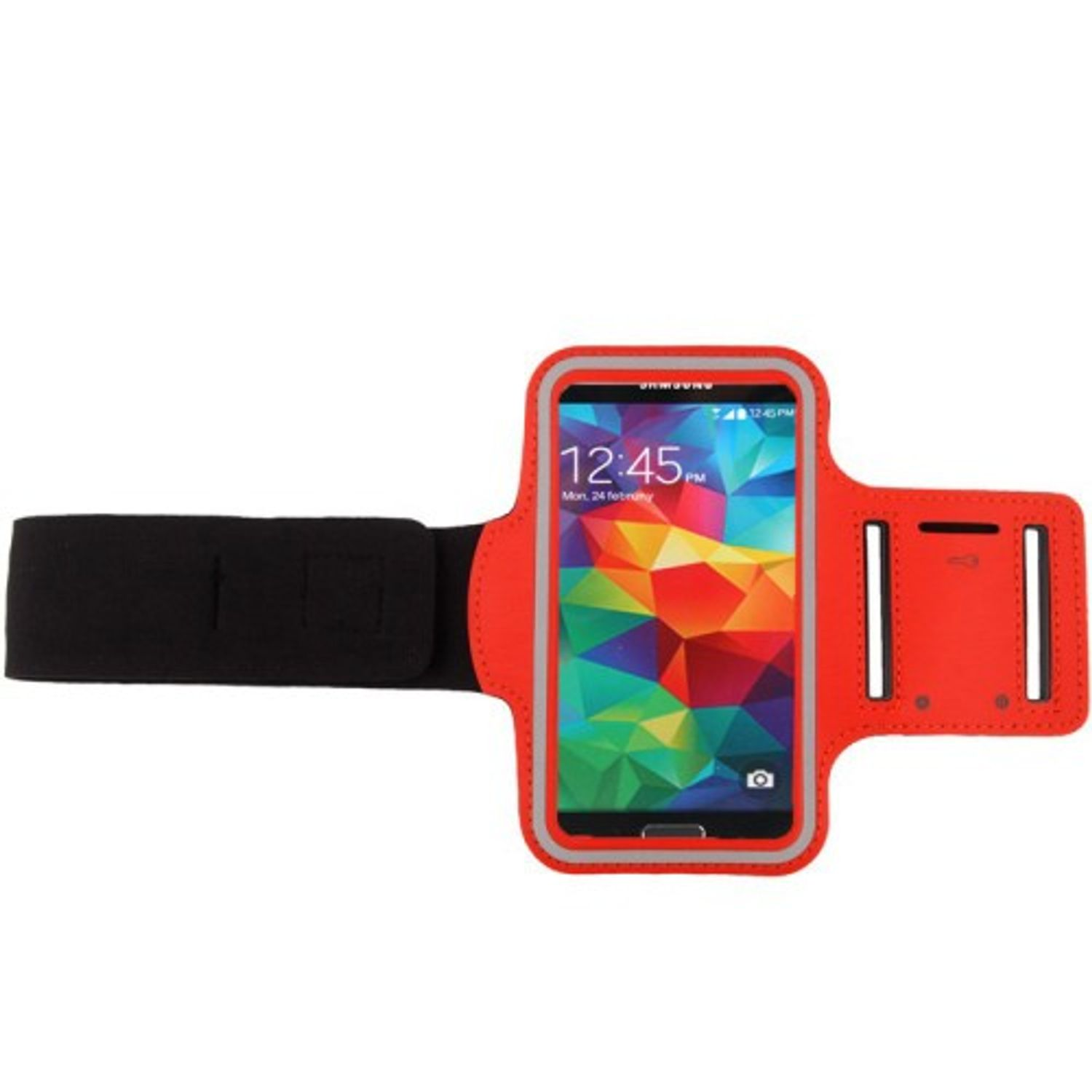 Rotes Armband mit Smartphone, das die Uhrzeit anzeigt. Schwarzer Riemen links.