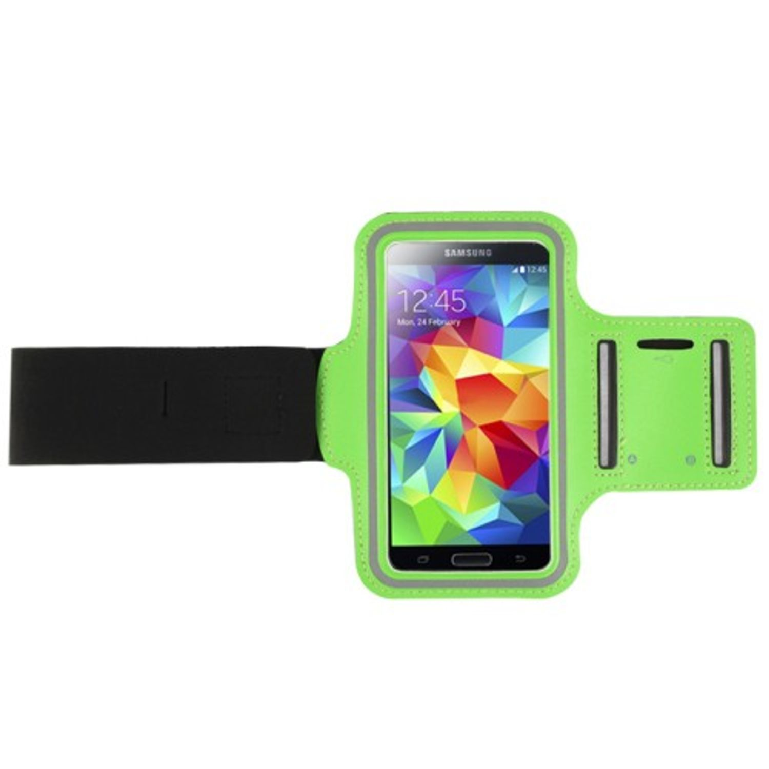 Grünes Armband mit Telefon. Das Telefon zeigt einen farbenfrohen Bildschirm.