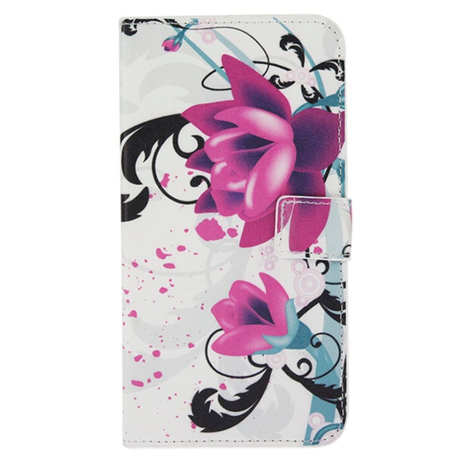 Handyhülle mit rosa Blumen und Blumendesign auf weißem Hintergrund mit Verschluss.