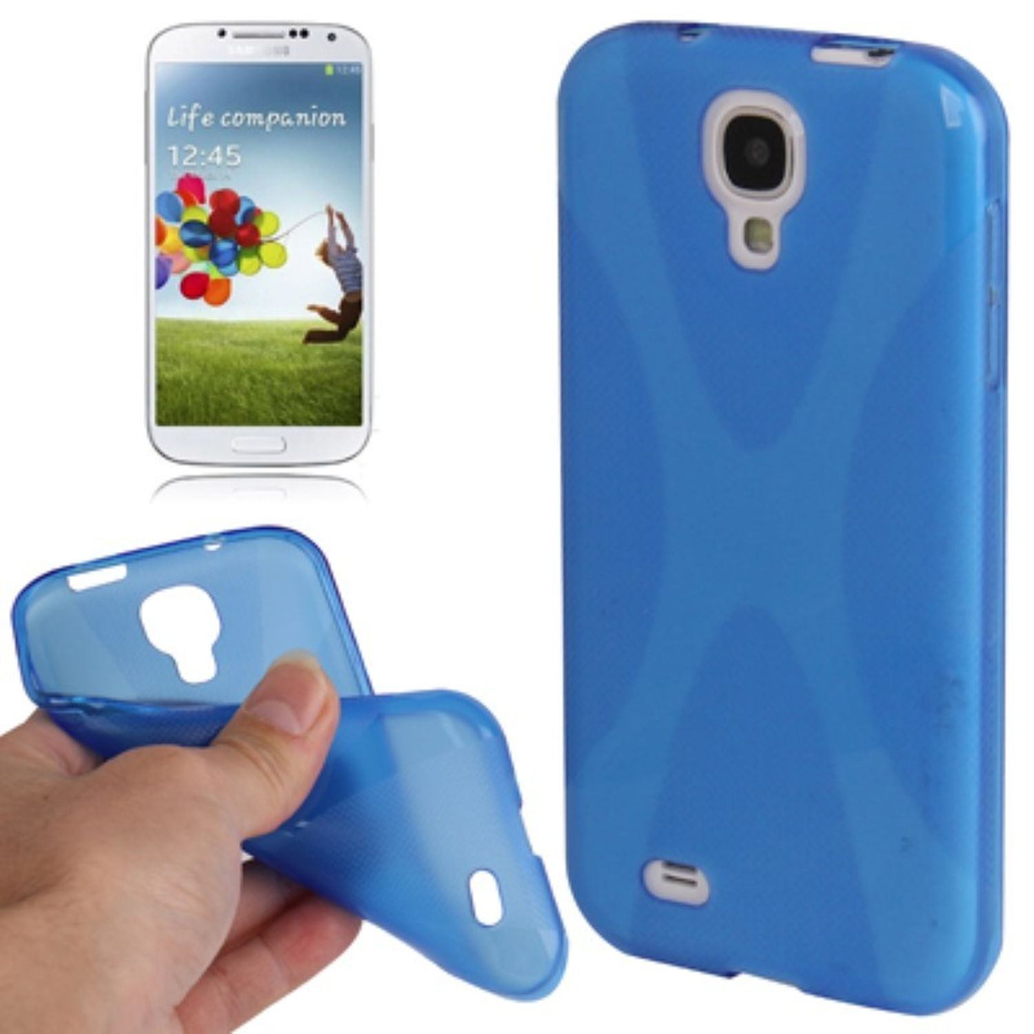 Telefon und Hülle, mit blauen Wellen, Person hält die Hülle.