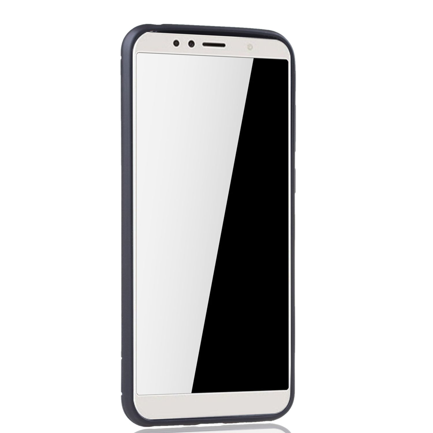Ein Smartphone mit weißem Bildschirm und einer schwarzen Hülle mit dunkelblauem Rand.