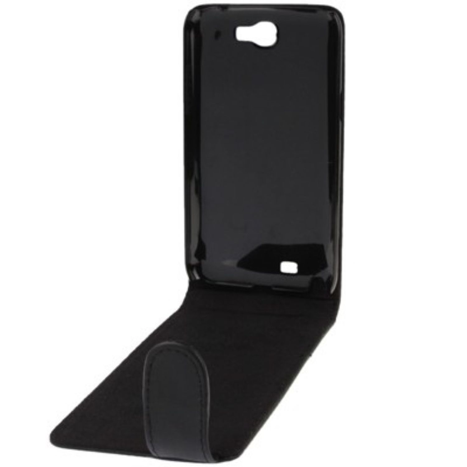 Eine schwarze Handyhülle geöffnet, in stehender Position, auf weißem Hintergrund.