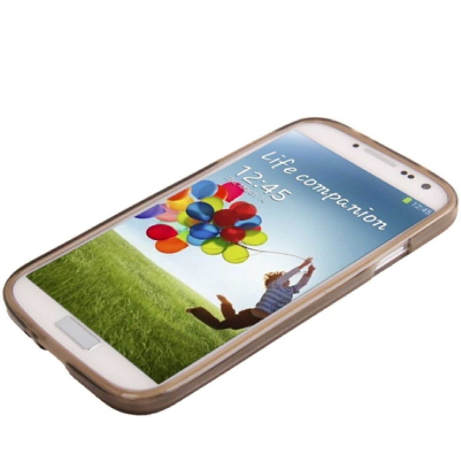Telefon mit bunten Ballons und einer Person. Das Telefon befindet sich in einem braunen Gehäuse.