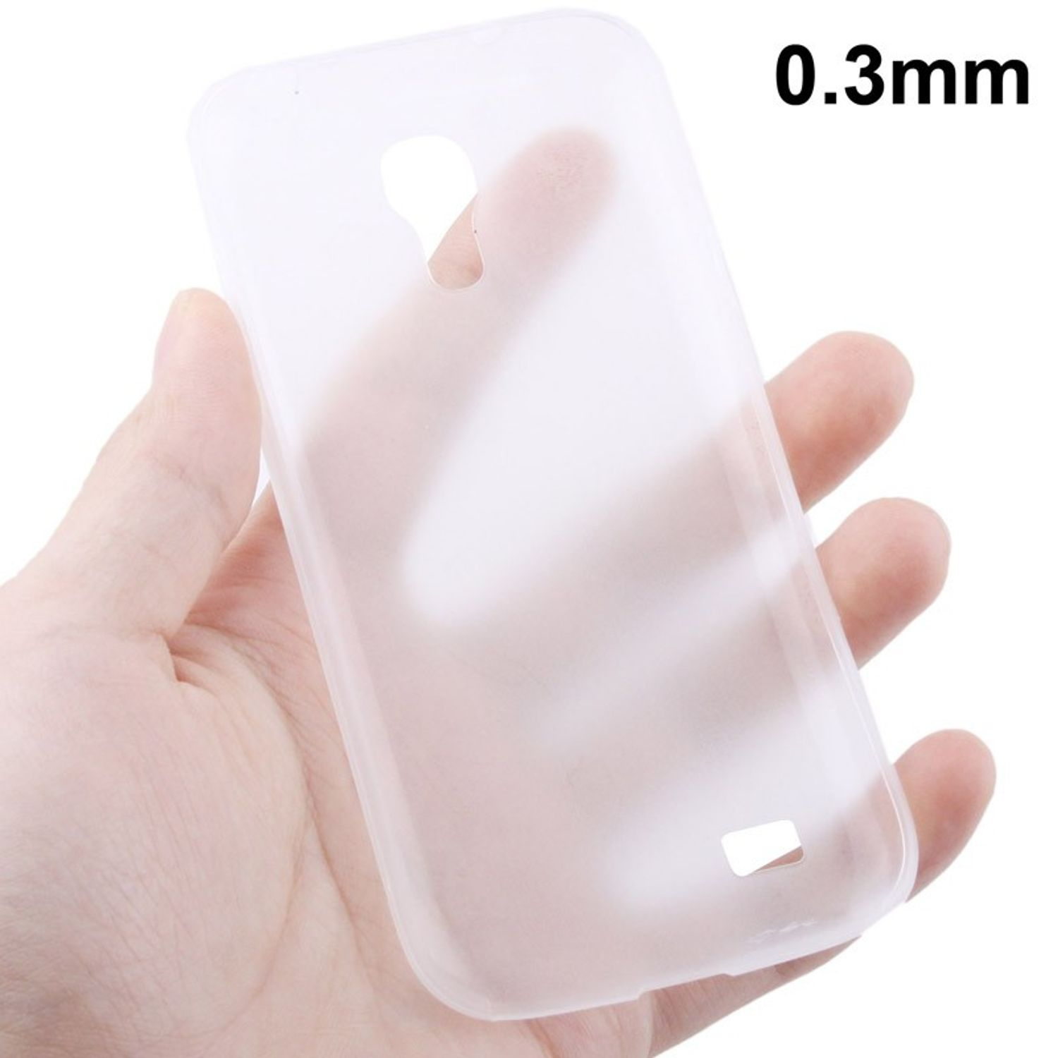 Eine Hand hält eine transparente Handyhülle, vor weißem Hintergrund.